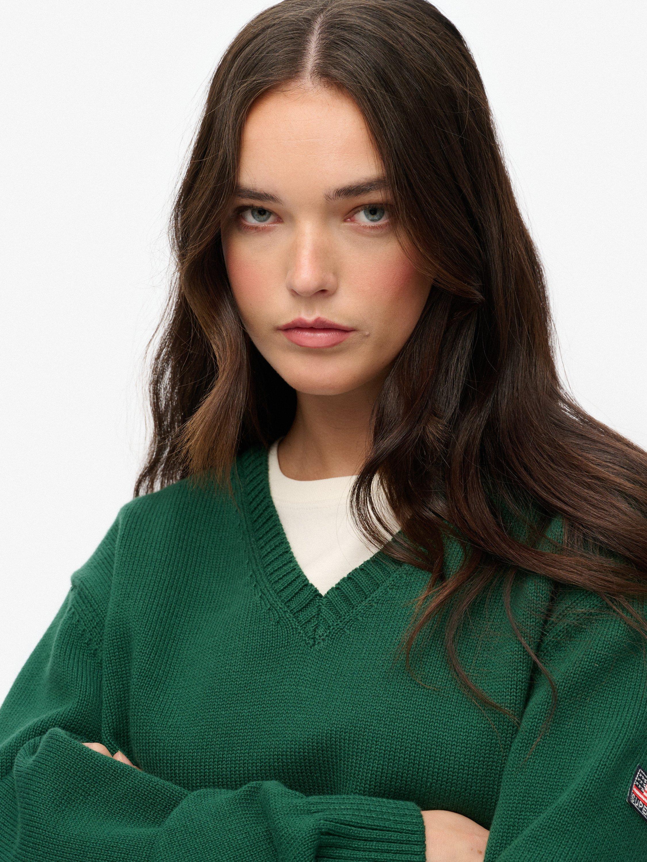 Product image 5 of 5, which shows Superdry Oversized V-Neck Jumper, Dark Green, 6