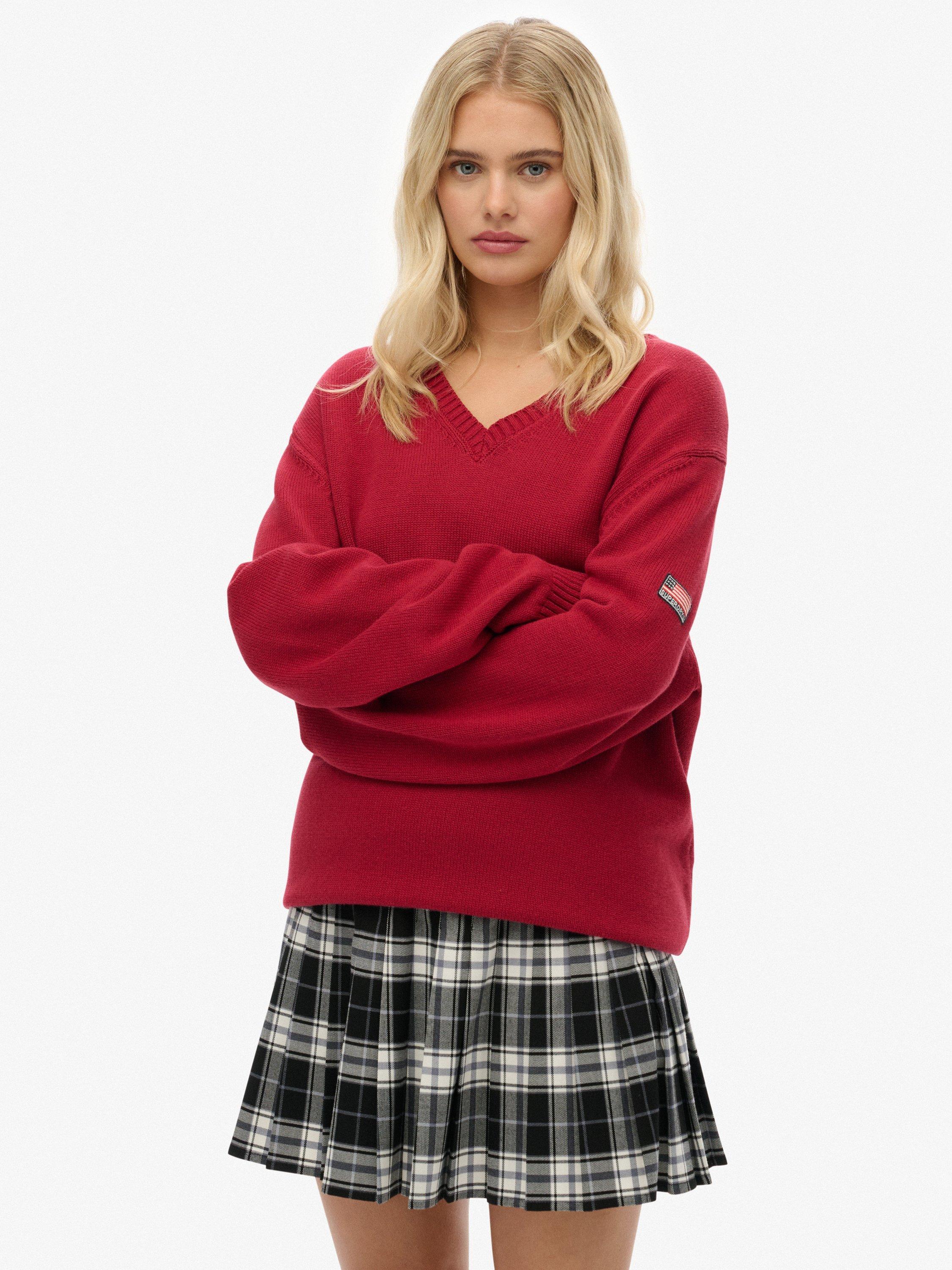 Product image 1 of 5, which shows Superdry Oversized V-Neck Jumper, Bordeaux Red, 6