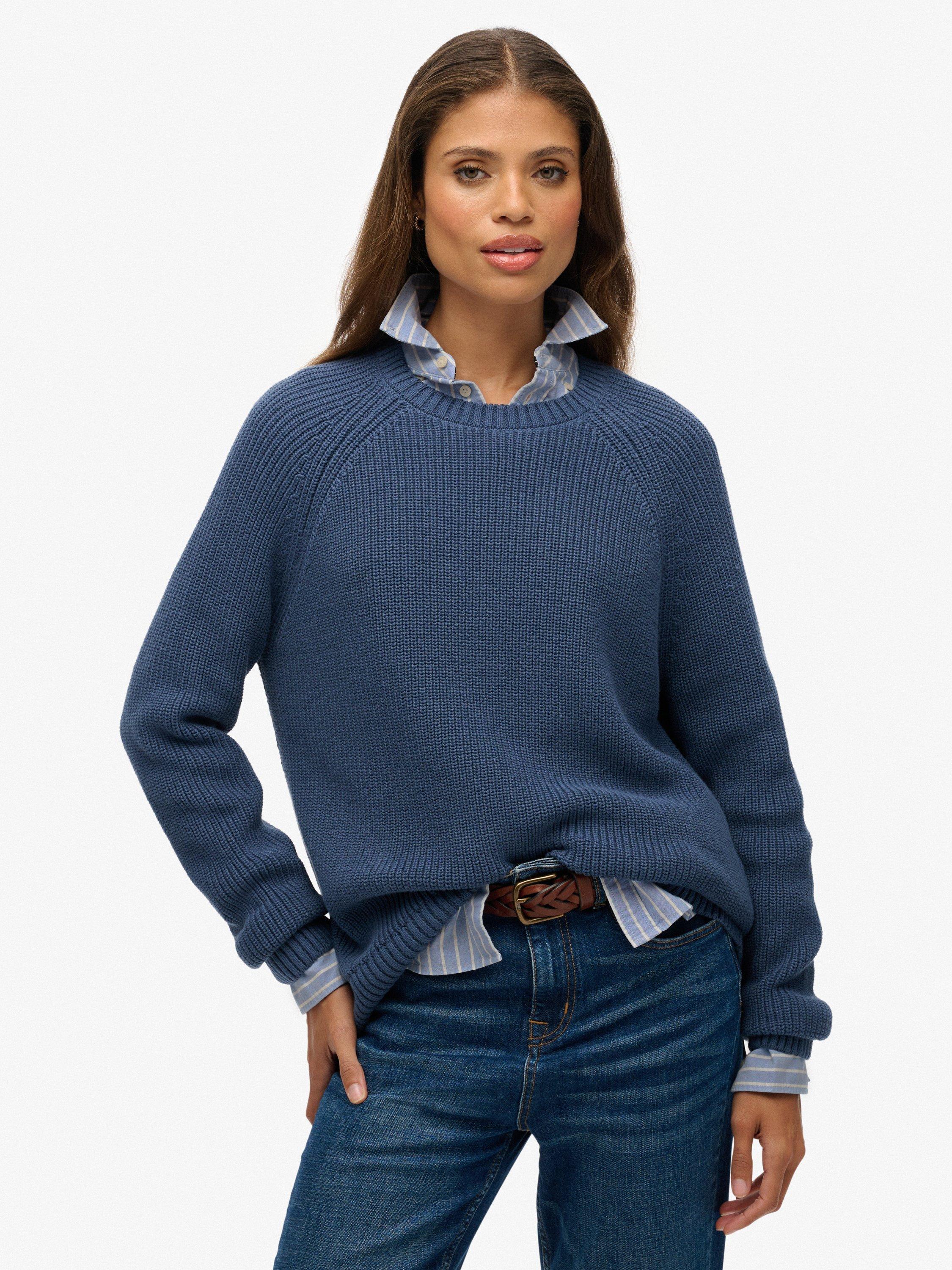 Product image 1 of 5, which shows Superdry Relaxed Ribbed Knitted Jumper, Vintage Blue, 6