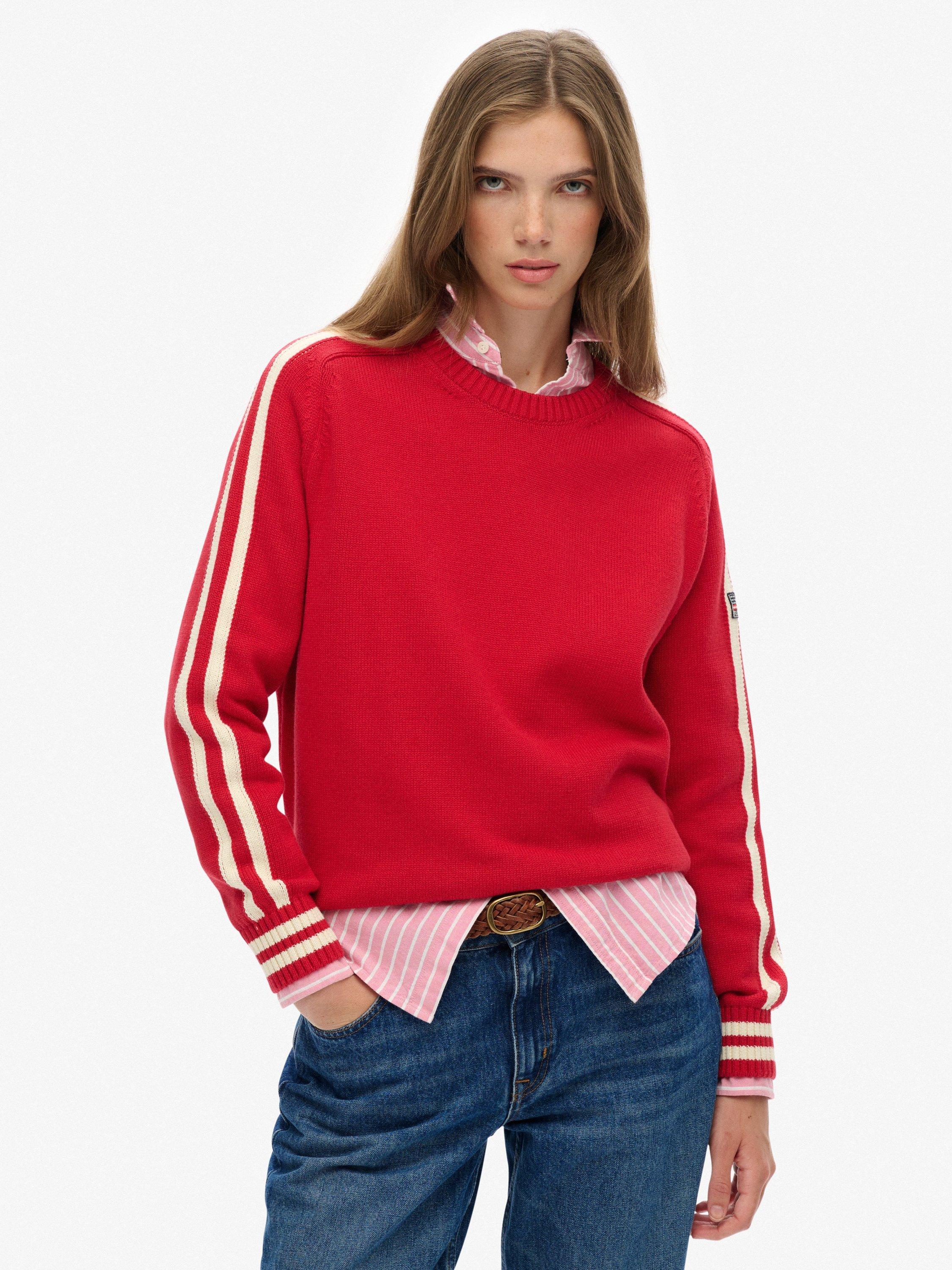 Product image 1 of 5, which shows Superdry Relaxed Stripe Knitted Jumper, Varsity Red, 10