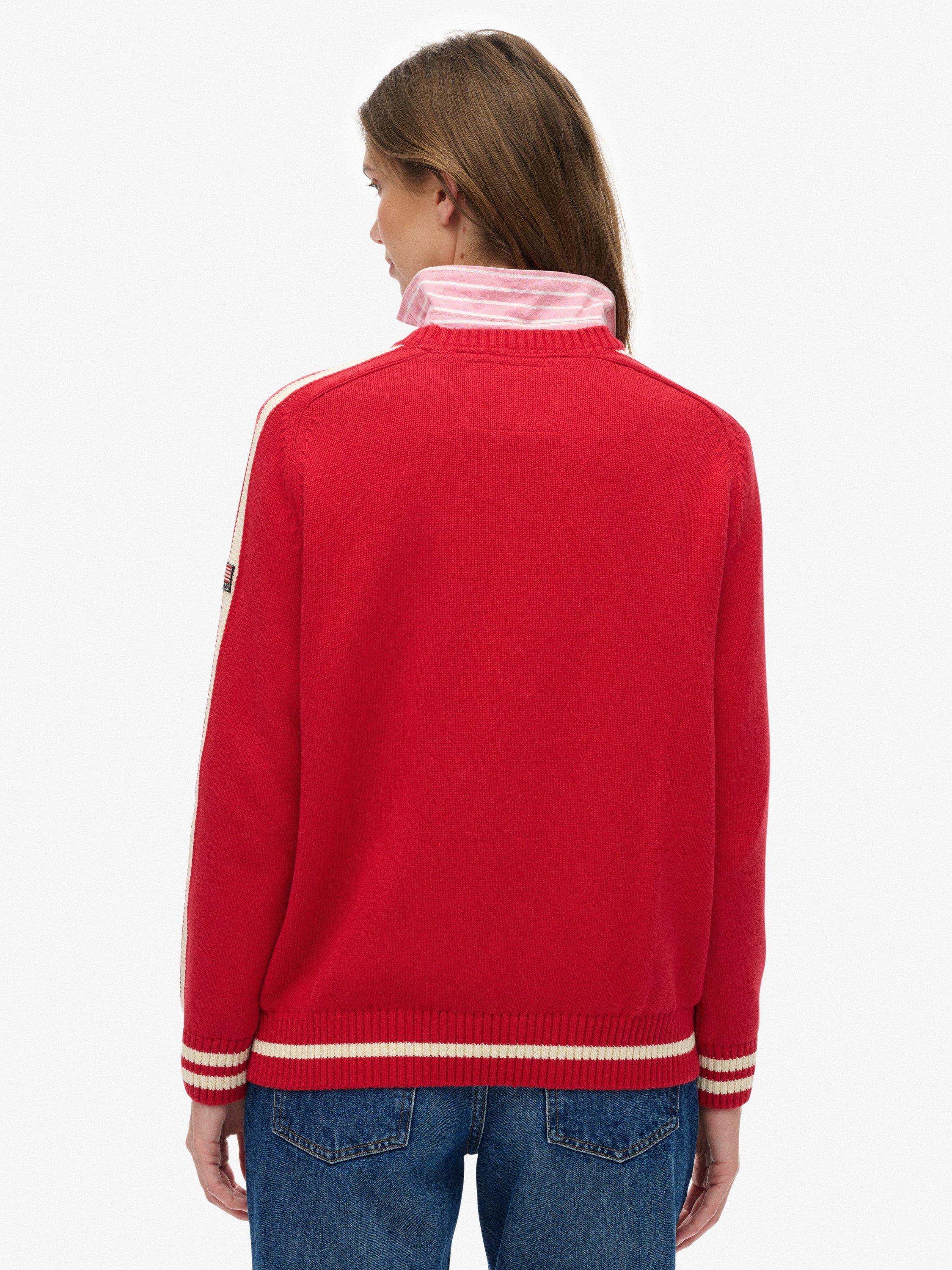 Product image 2 of 5, which shows Superdry Relaxed Stripe Knitted Jumper, Varsity Red, 10