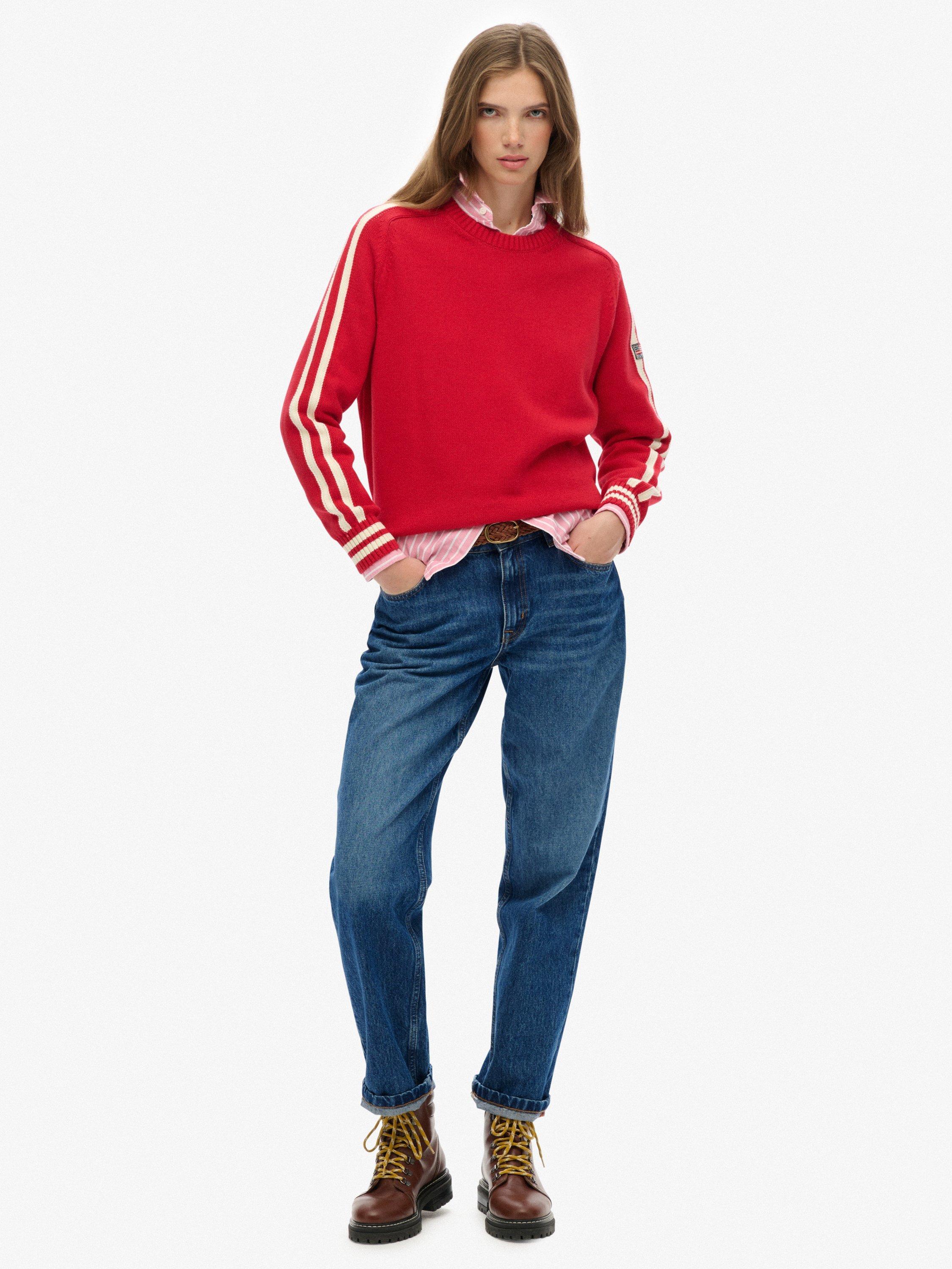 Product image 3 of 5, which shows Superdry Relaxed Stripe Knitted Jumper, Varsity Red, 10