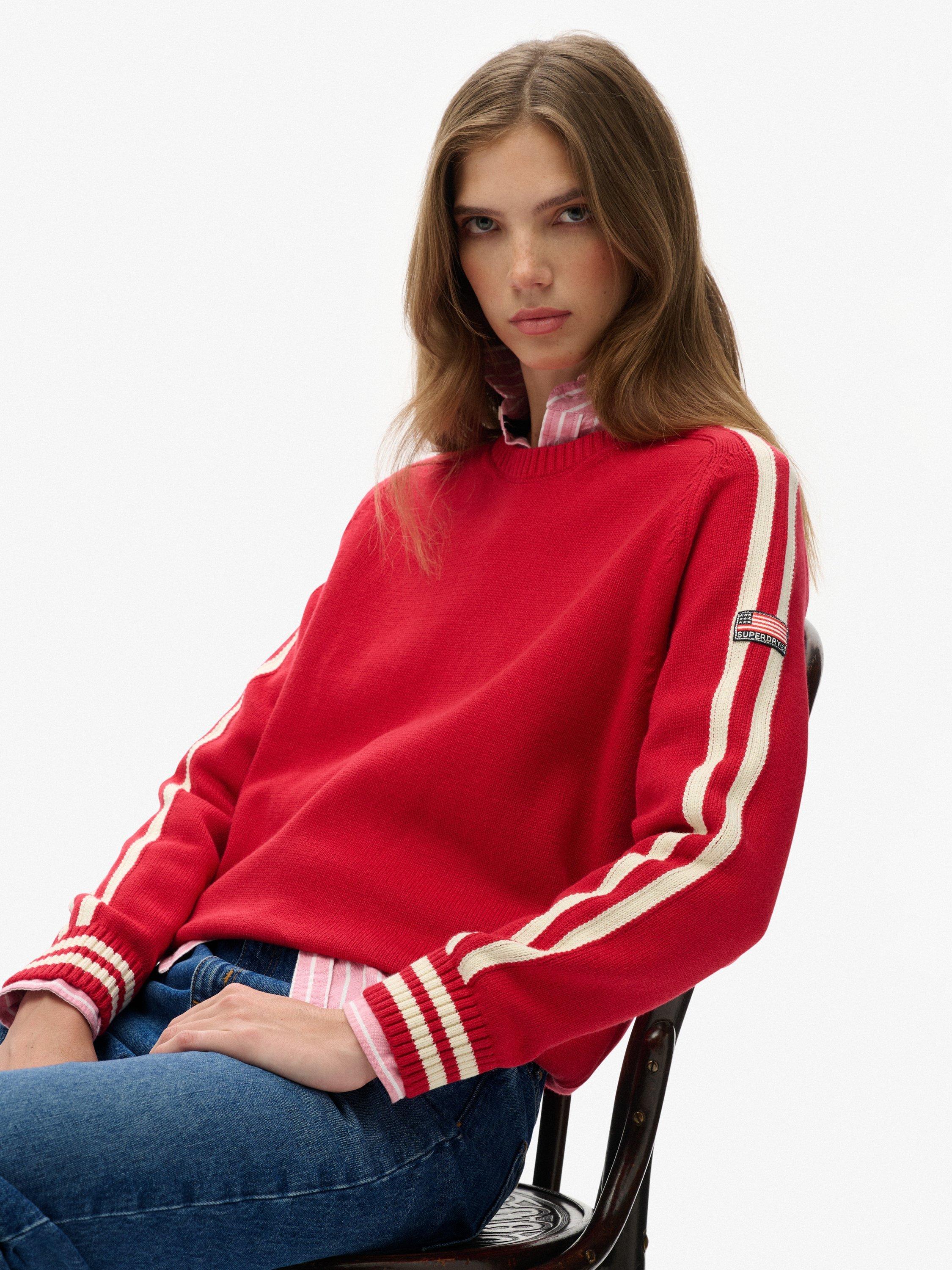 Product image 4 of 5, which shows Superdry Relaxed Stripe Knitted Jumper, Varsity Red, 10