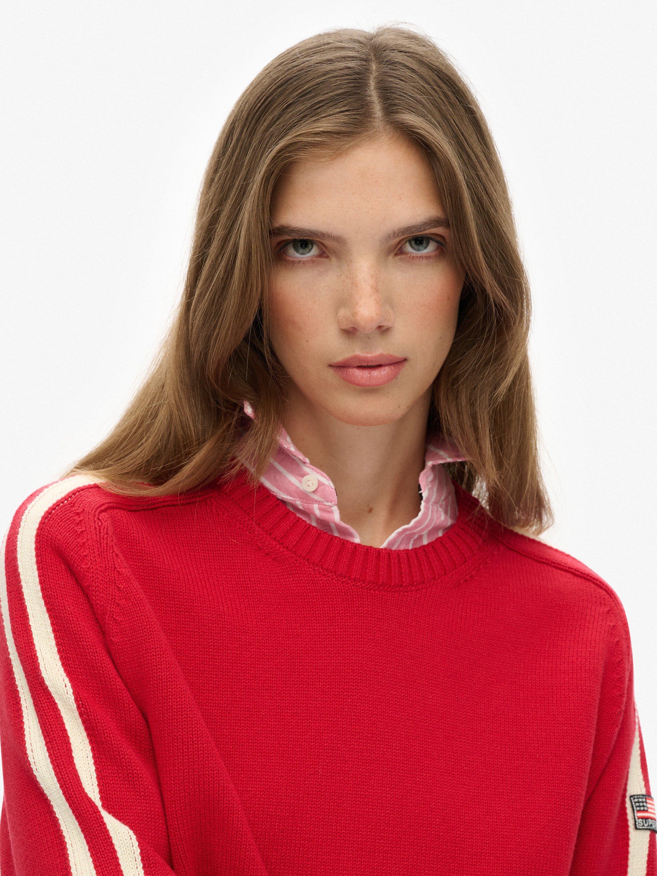 Product image 5 of 5, which shows Superdry Relaxed Stripe Knitted Jumper, Varsity Red, 10