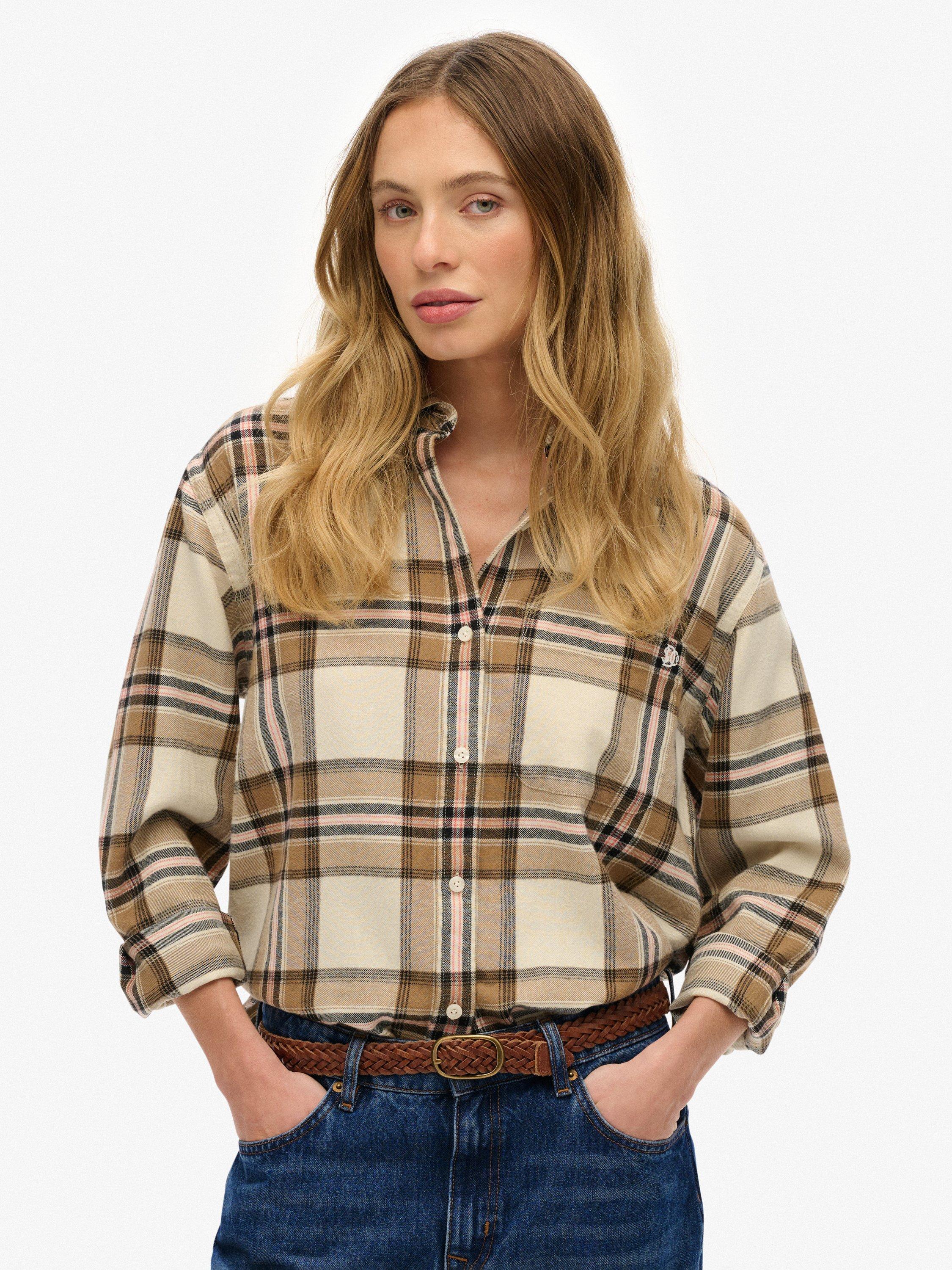 Product image 1 of 6, which shows Superdry Check Flannel Boyfriend Shirt, Beige/Cream, 6