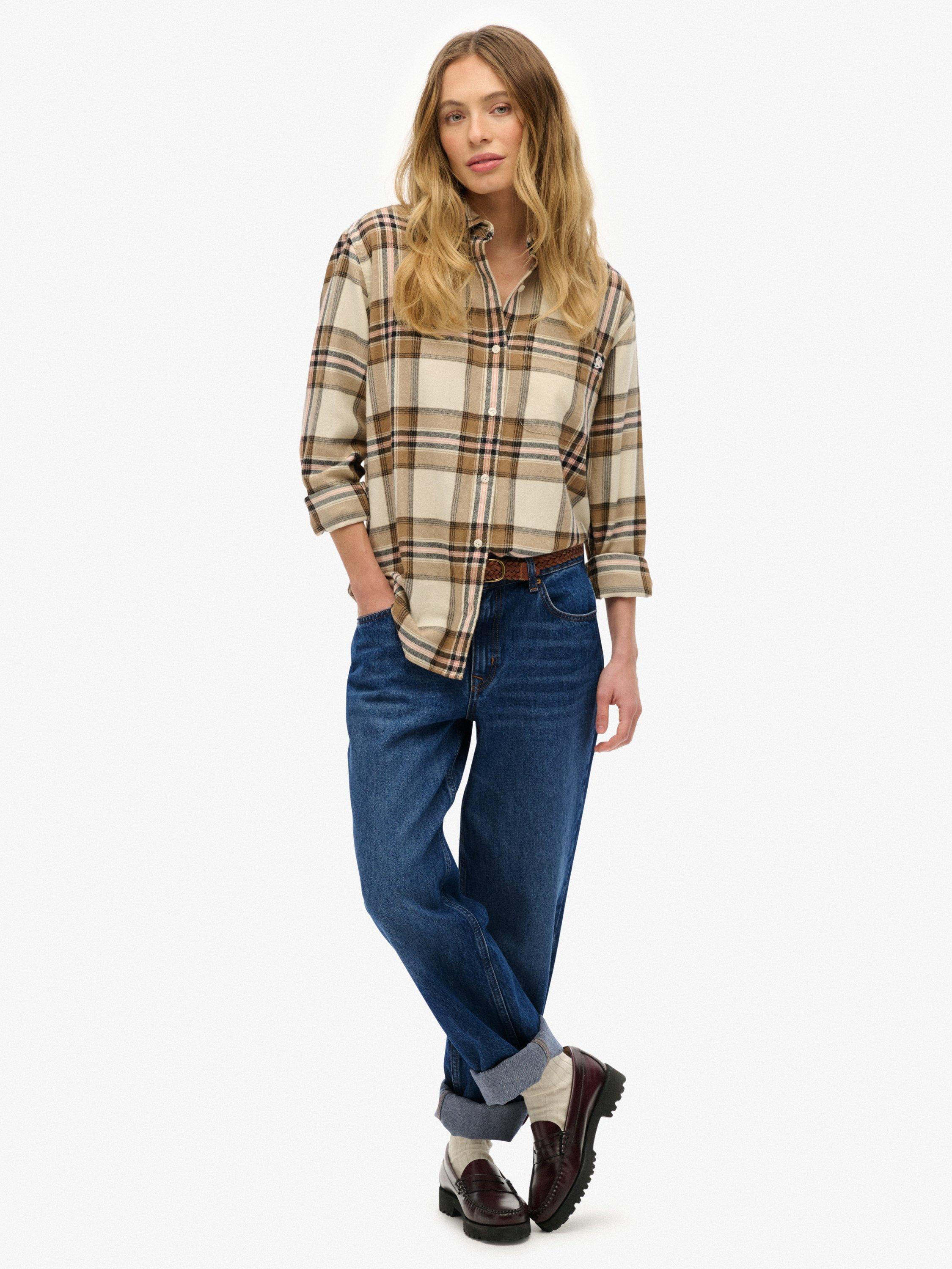 Product image 3 of 6, which shows Superdry Check Flannel Boyfriend Shirt, Beige/Cream, 6