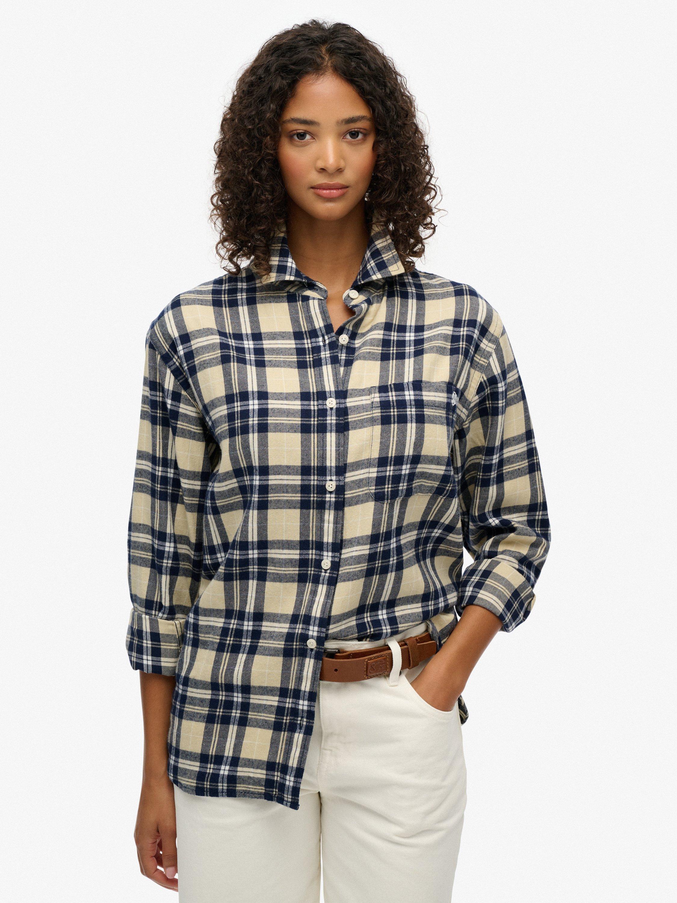 Product image 1 of 5, which shows Superdry Check Flannel Boyfriend Shirt, Cream/Navy, 6