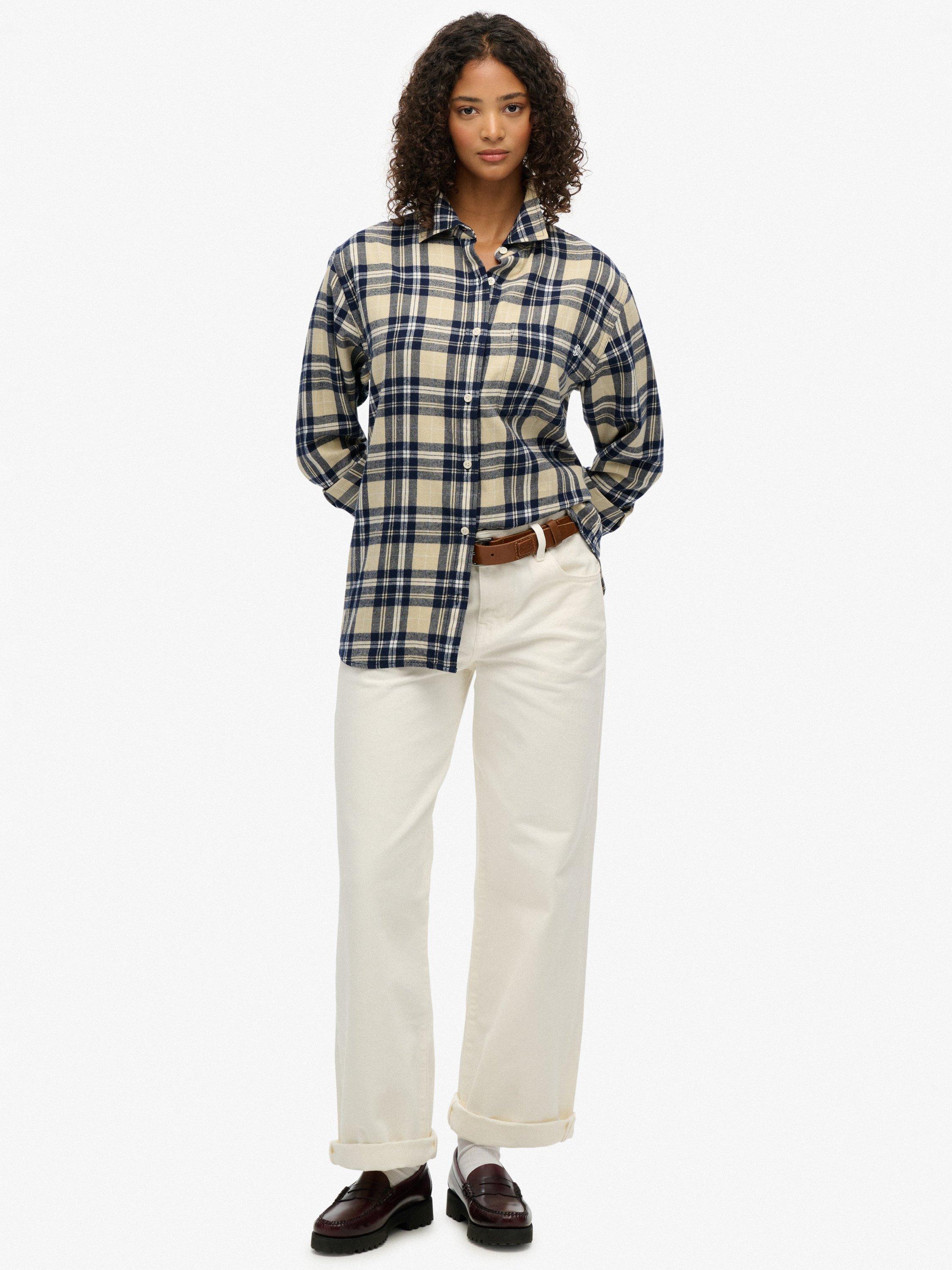 Product image 3 of 5, which shows Superdry Check Flannel Boyfriend Shirt, Cream/Navy, 6
