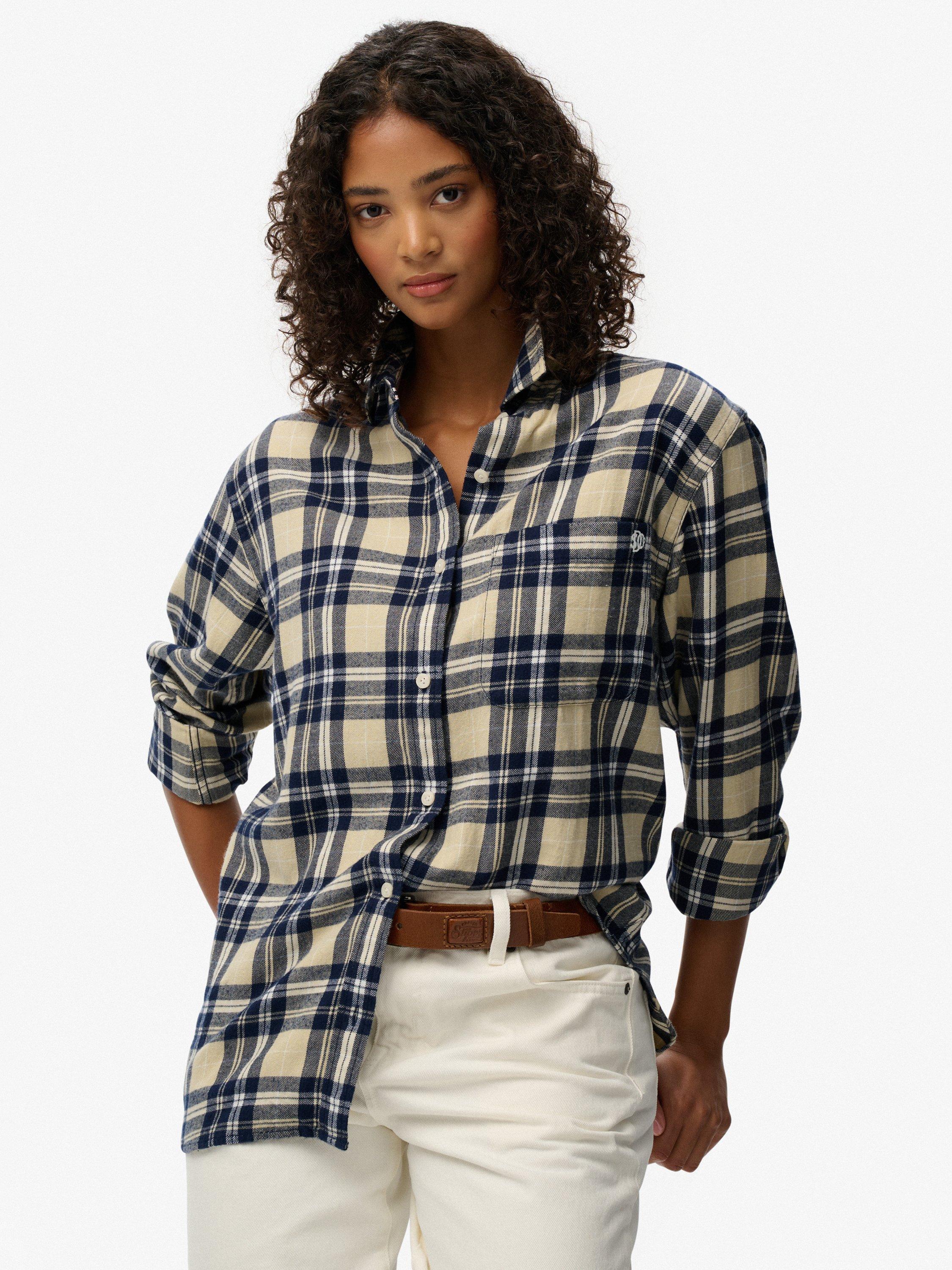 Product image 4 of 5, which shows Superdry Check Flannel Boyfriend Shirt, Cream/Navy, 6