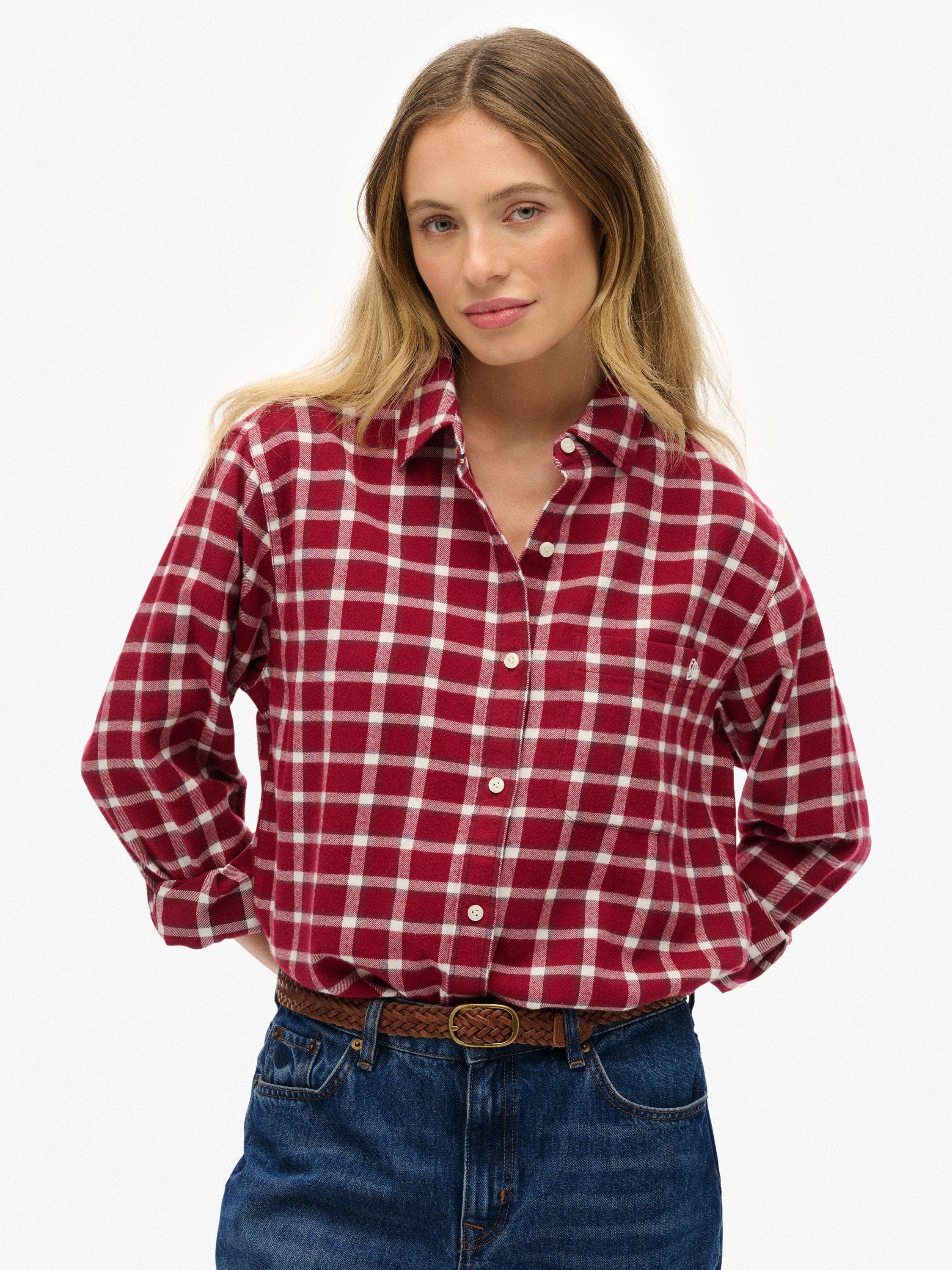 Product image 1 of 6, which shows Superdry Check Flannel Boyfriend Shirt, Burgundy, 6