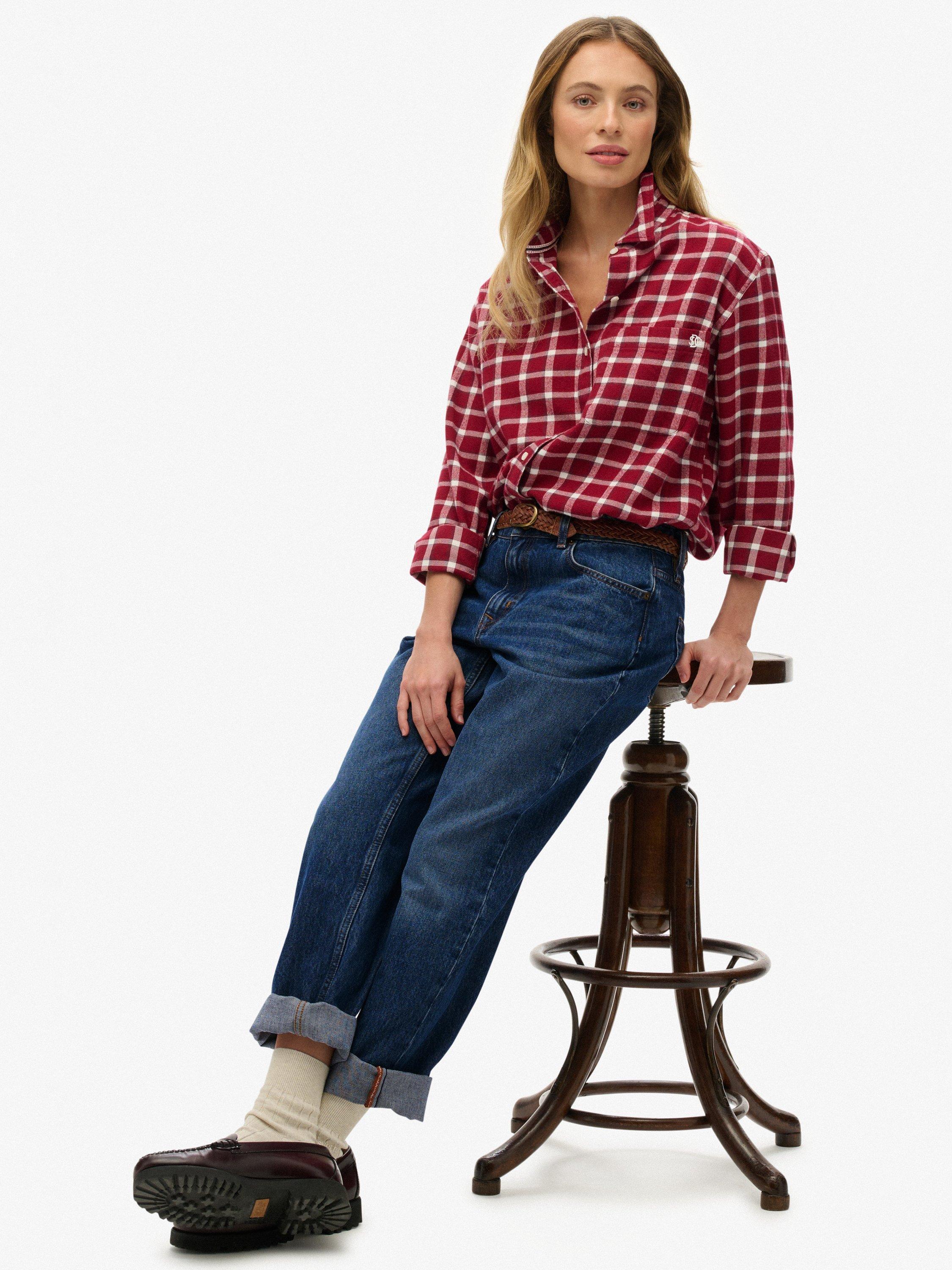 Product image 4 of 6, which shows Superdry Check Flannel Boyfriend Shirt, Burgundy, 6