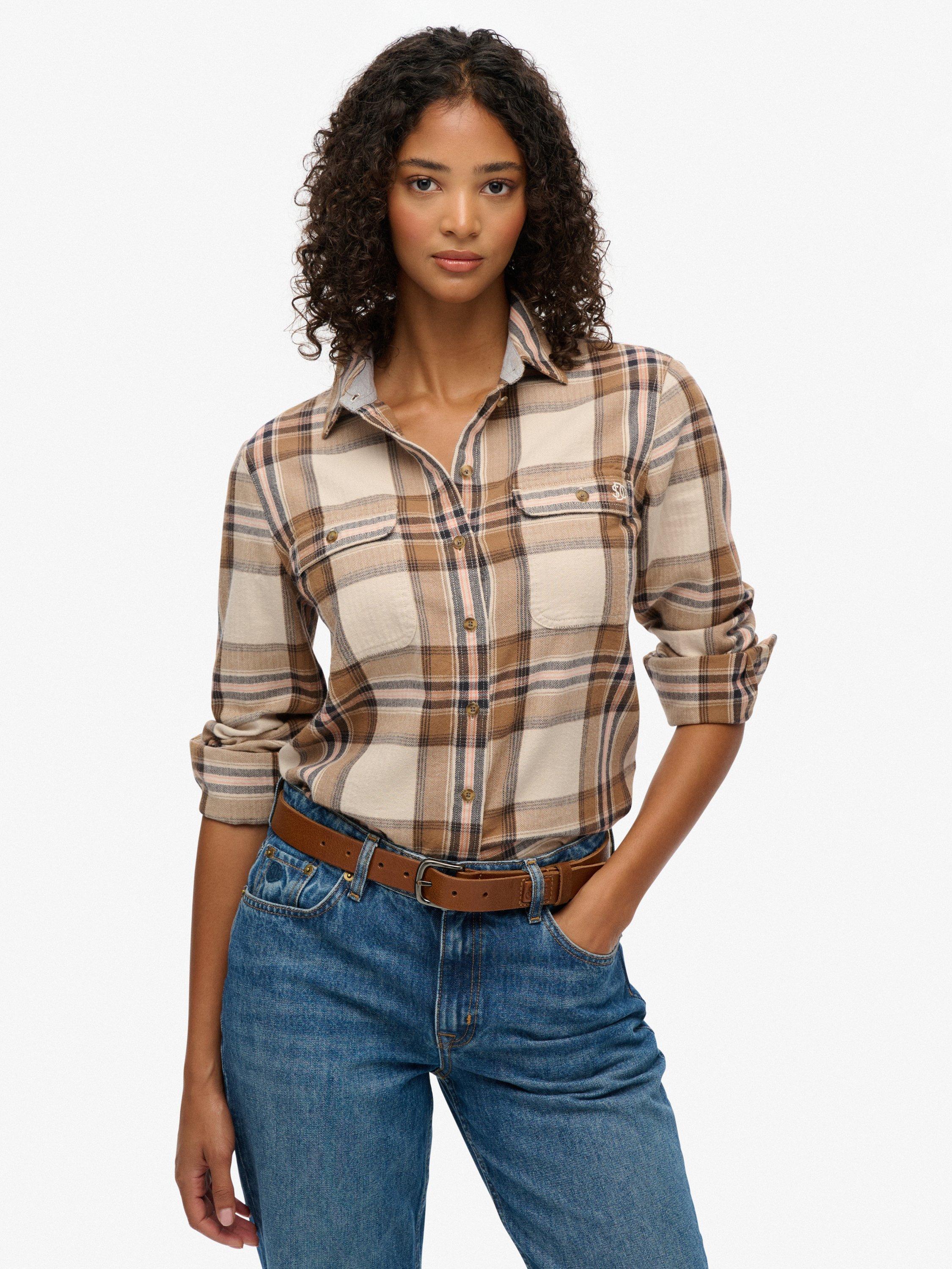 Product image 1 of 6, which shows Superdry Lumberjack Check Flannel Shirt, Beige/Cream, 12