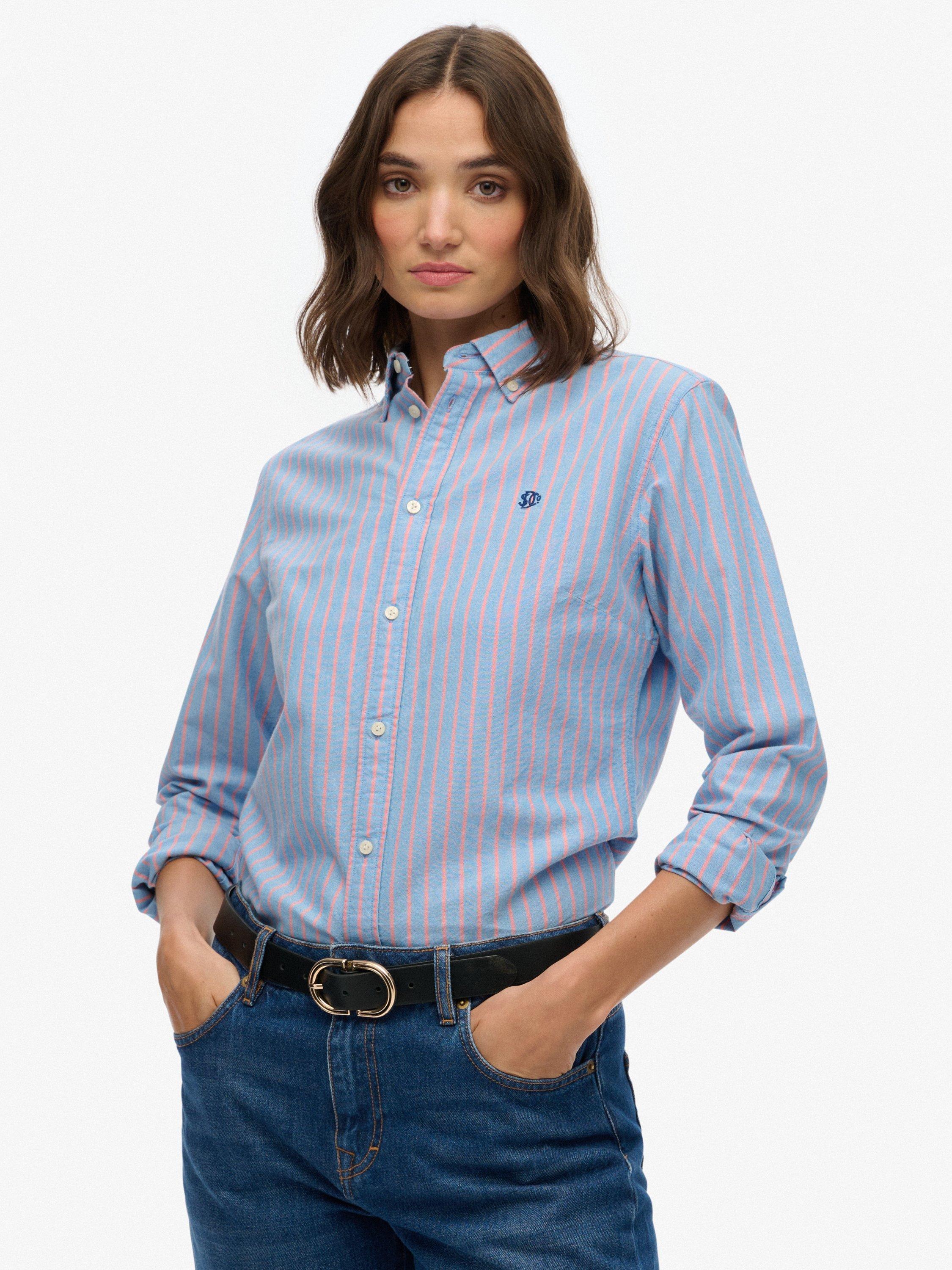Product image 1 of 5, which shows Superdry Slim Oxford Button Down Long Sleeve Shirt, Blue/Pink, 12