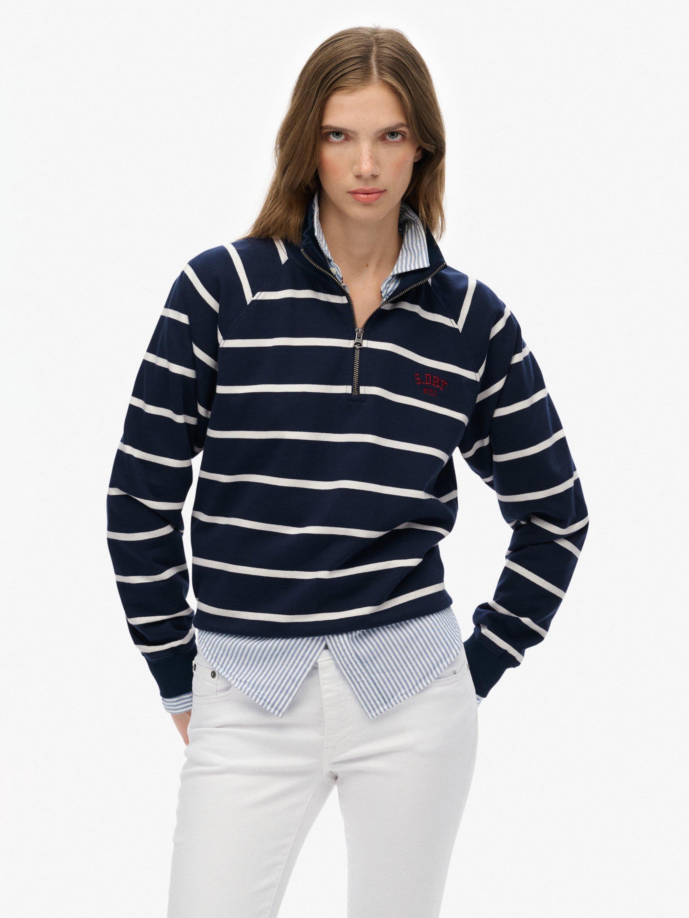Product image 1 of 6, which shows Superdry Athletic Essentials Stripe 1/2 Zip Jumper, Navy Stripe, 12