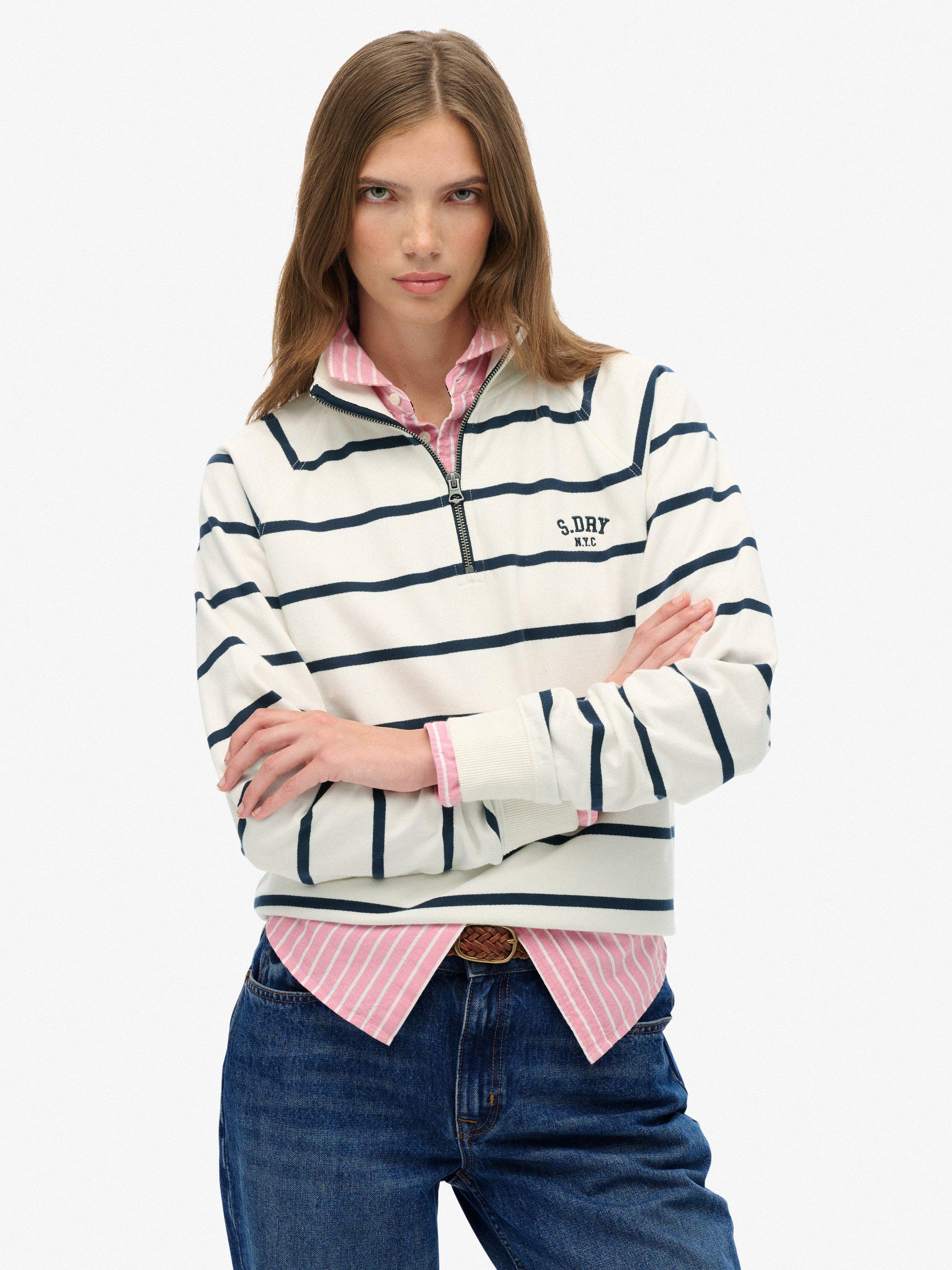 Product image 1 of 6, which shows Superdry Athletic Essentials Stripe 1/2 Zip Jumper, White/Navy Stripe, 16