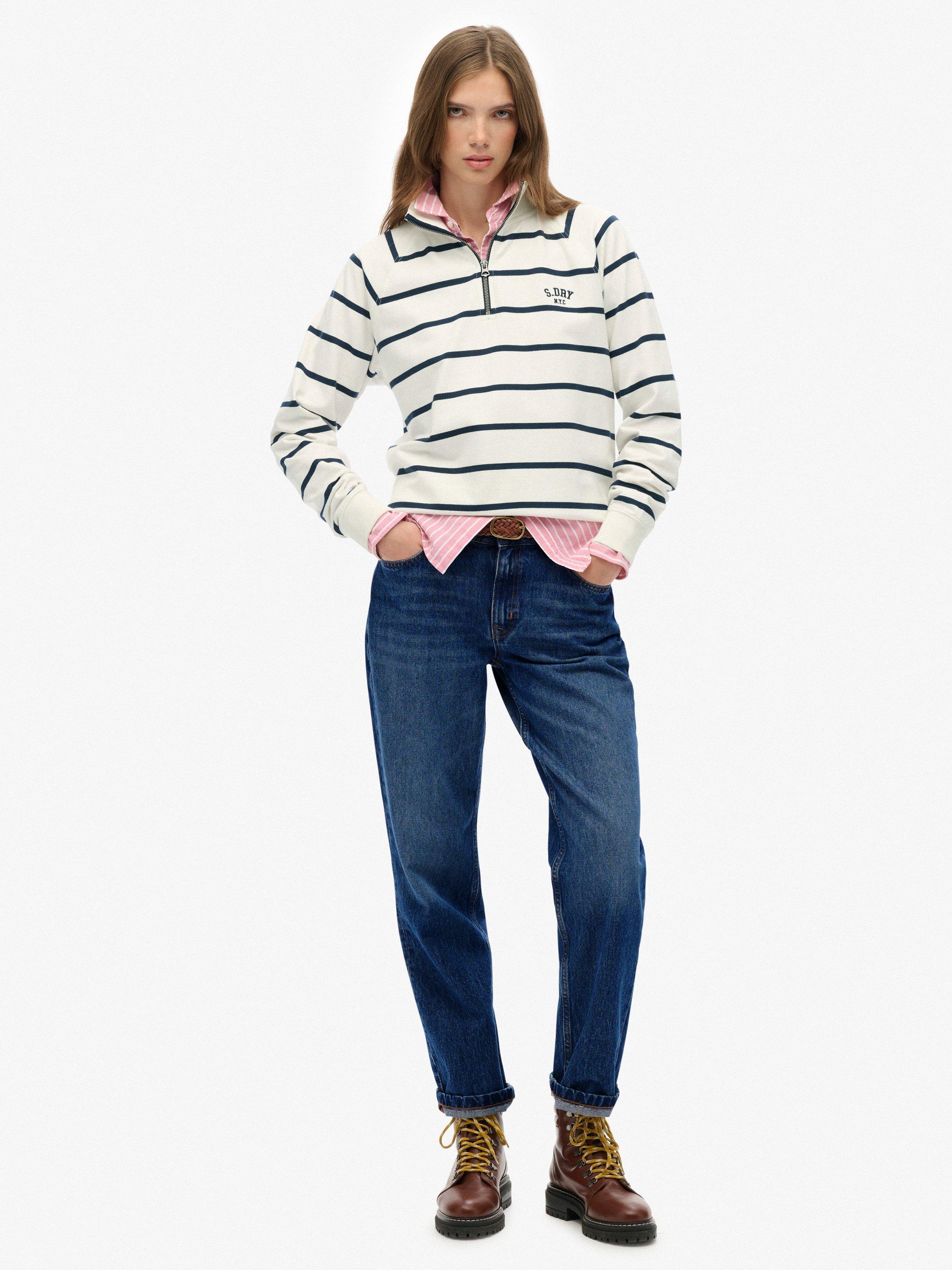 Product image 3 of 6, which shows Superdry Athletic Essentials Stripe 1/2 Zip Jumper, White/Navy Stripe, 16