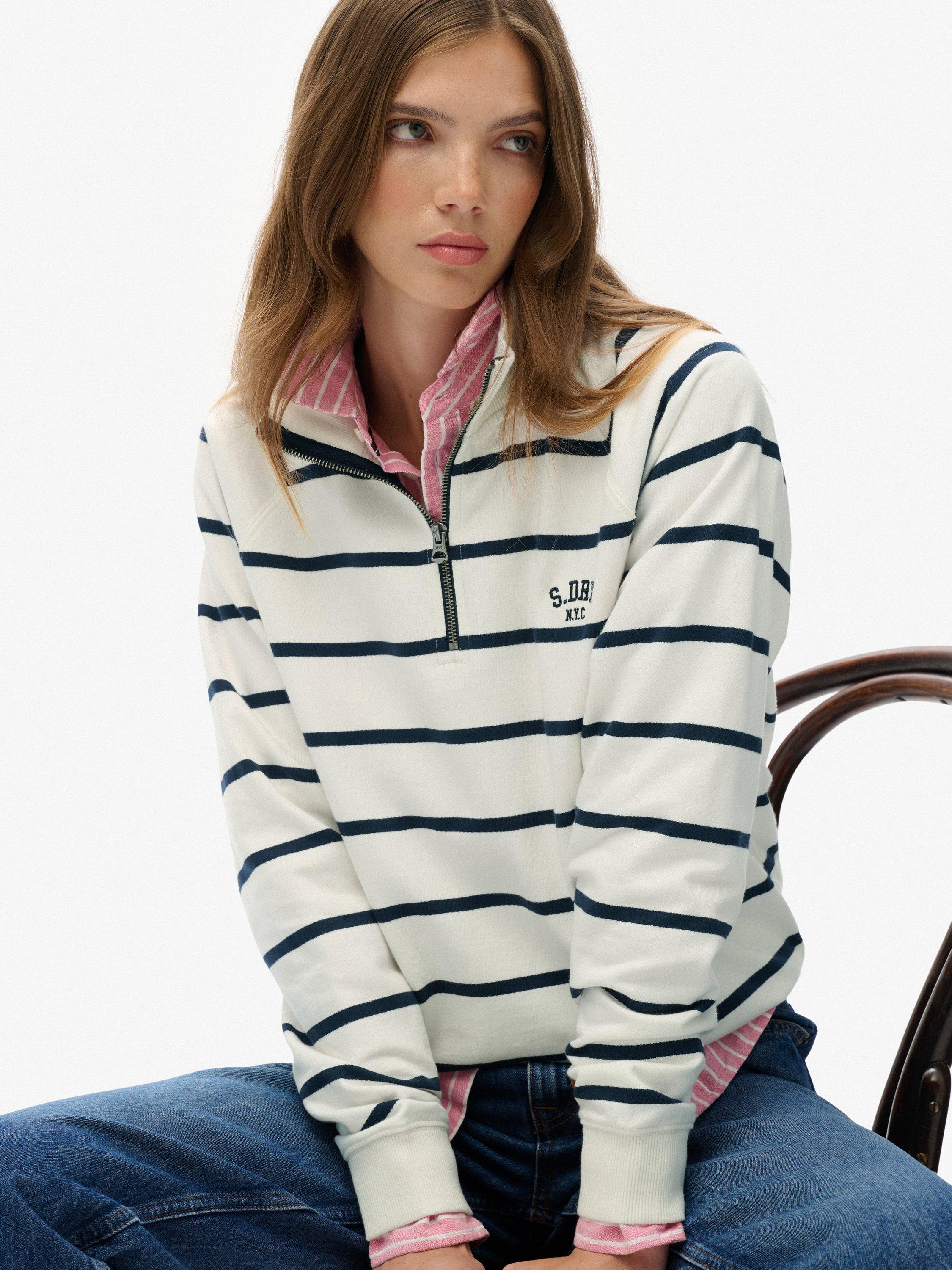 Product image 4 of 6, which shows Superdry Athletic Essentials Stripe 1/2 Zip Jumper, White/Navy Stripe, 16