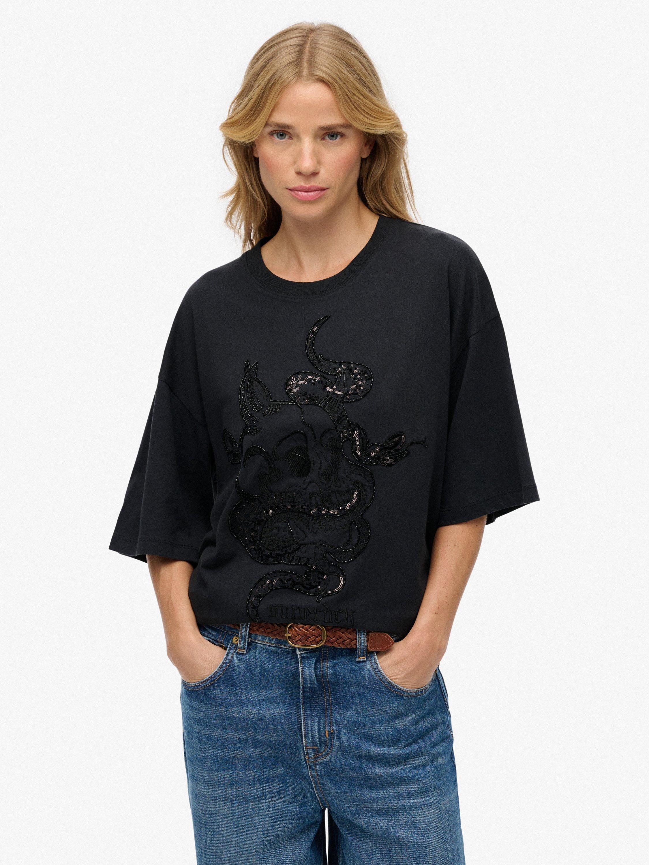 Product image 1 of 1, which shows Superdry Tattoo Embellished Oversized T-Shirt, Black, 16