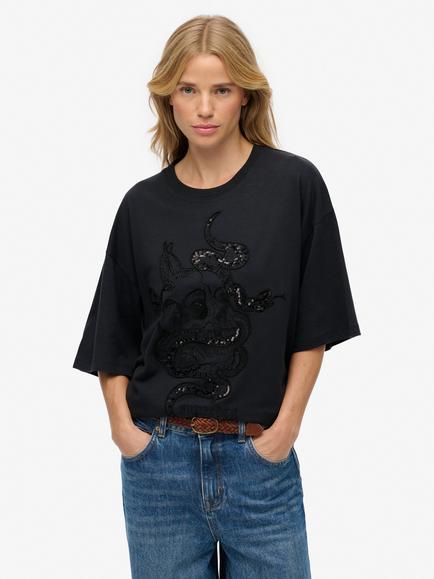 Superdry Tattoo Embellished Oversized T-Shirt, Black, Black