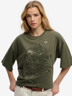 Superdry Tattoo Embellished Oversized T-Shirt, Dusty Olive Green