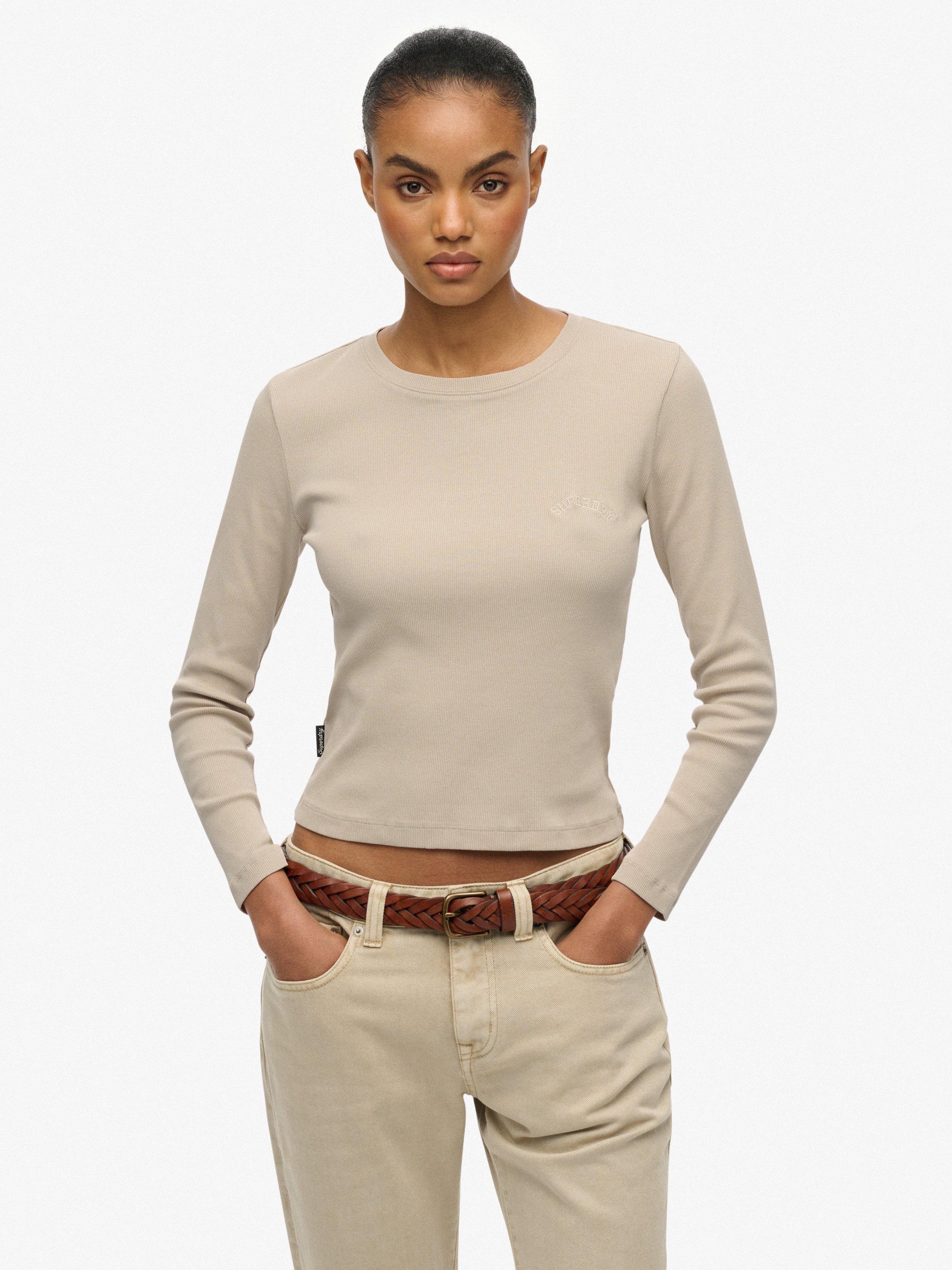 Product image 1 of 5, which shows Superdry Athletic Essentials Logo Garment Dyed Ribbed Top, Off Grey, 10