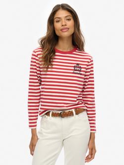 Superdry Country Club Stripe Long Sleeve Top, Red/White