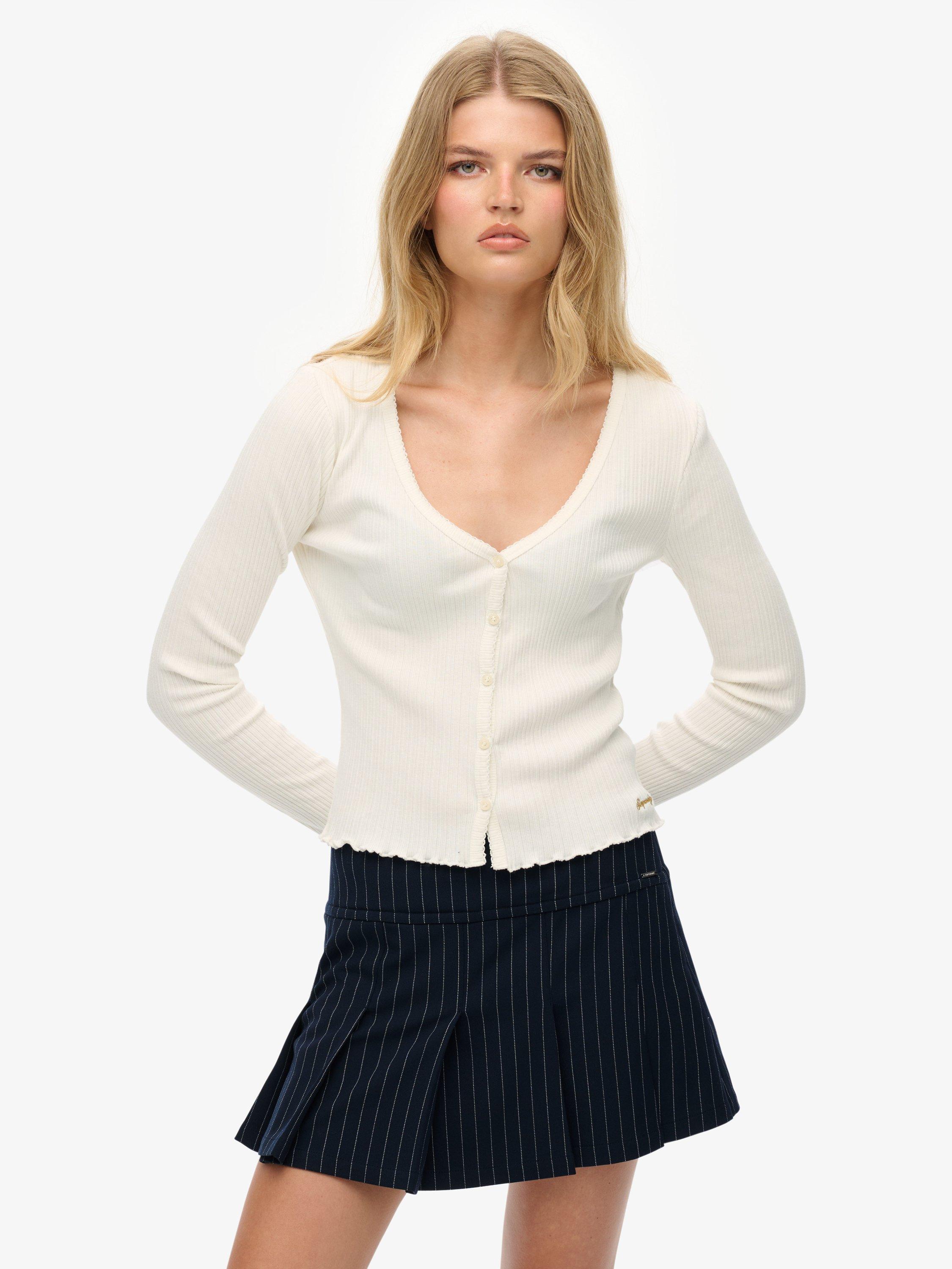 Product image 1 of 5, which shows Superdry Essential Button Through Long Sleeve Top, Off White, 8