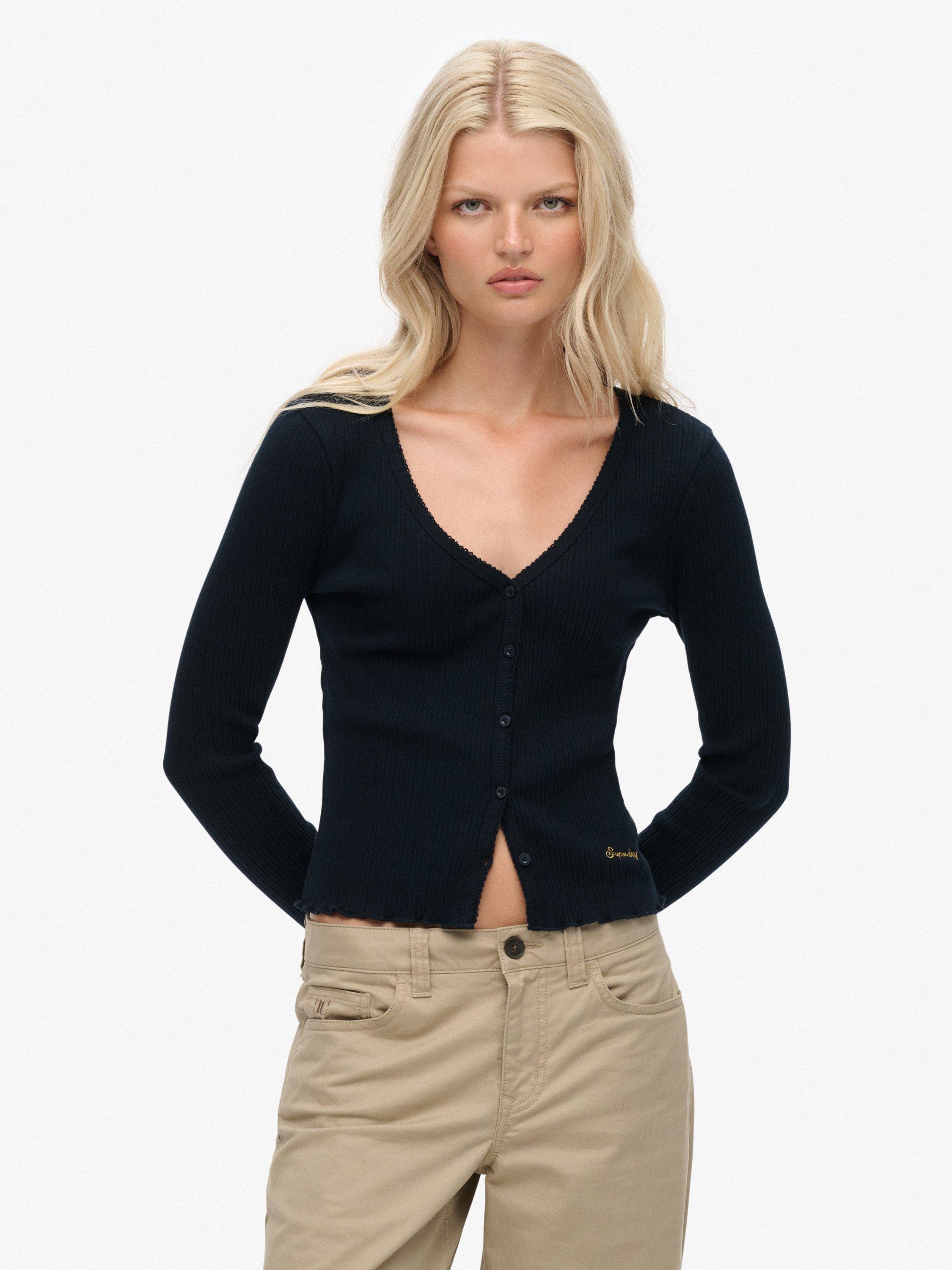 Product image 1 of 5, which shows Superdry Essential Button Through Long Sleeve Top, Eclipse Navy, 6