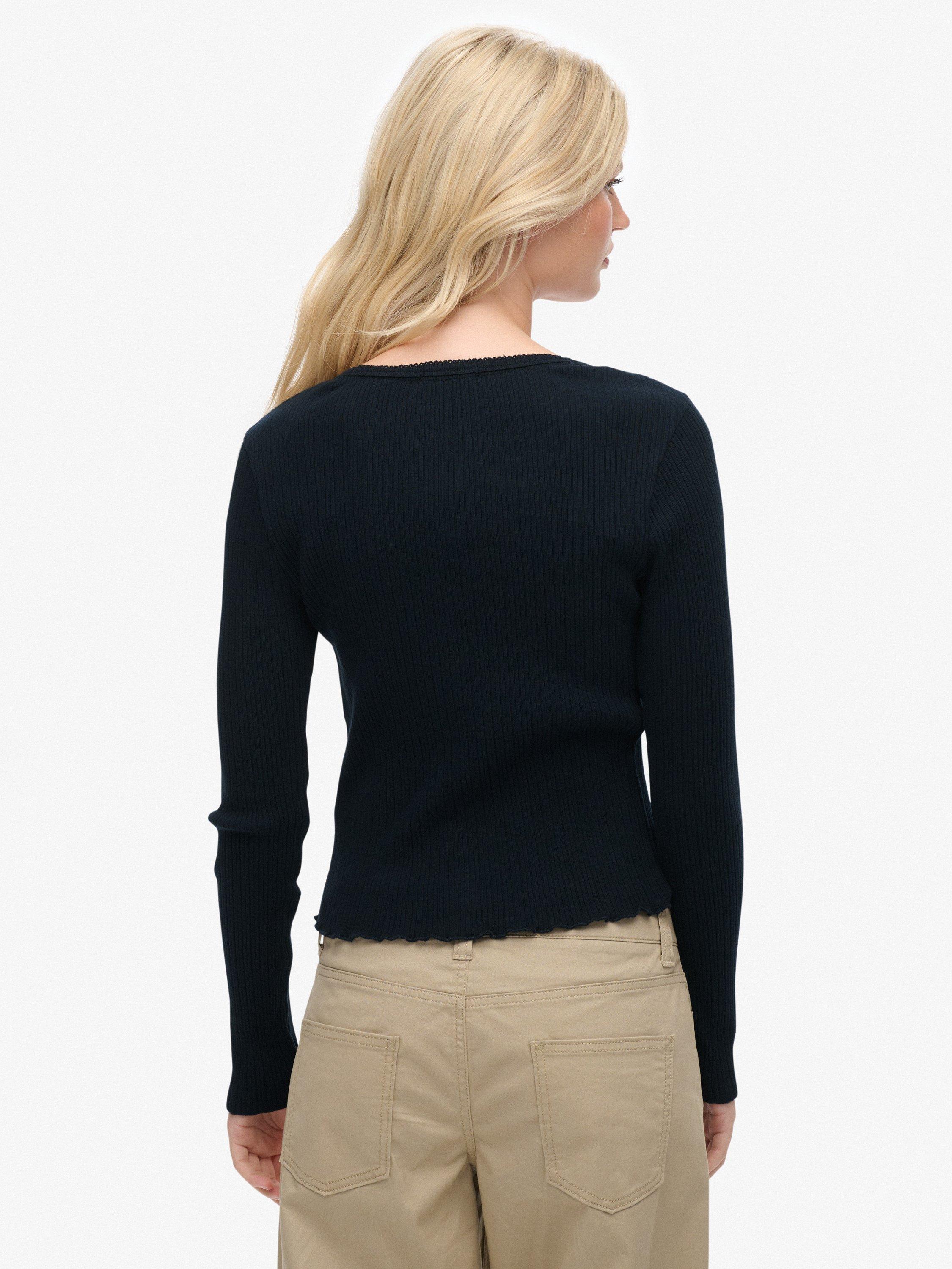 Product image 2 of 5, which shows Superdry Essential Button Through Long Sleeve Top, Eclipse Navy, 6