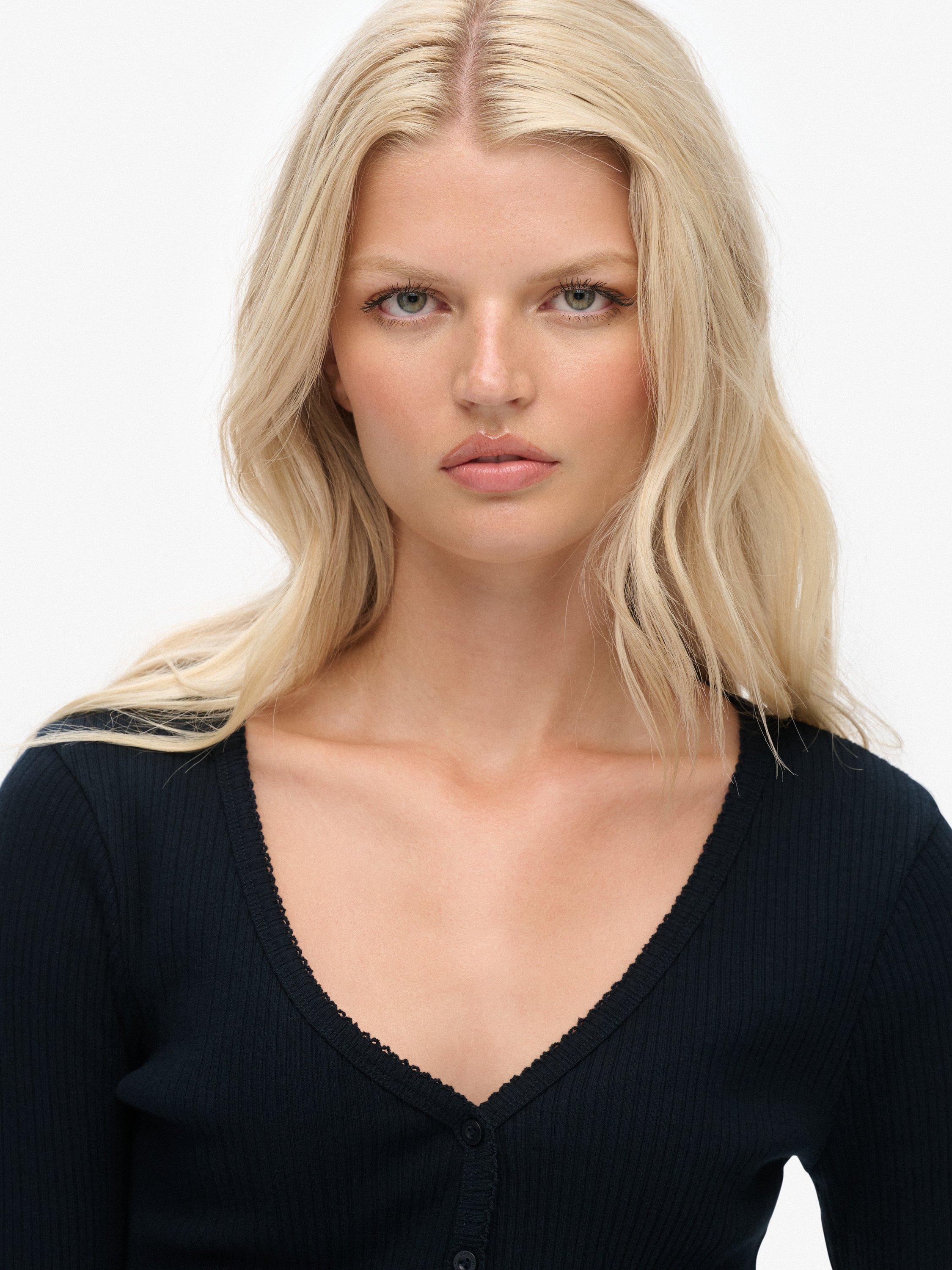 Product image 5 of 5, which shows Superdry Essential Button Through Long Sleeve Top, Eclipse Navy, 6