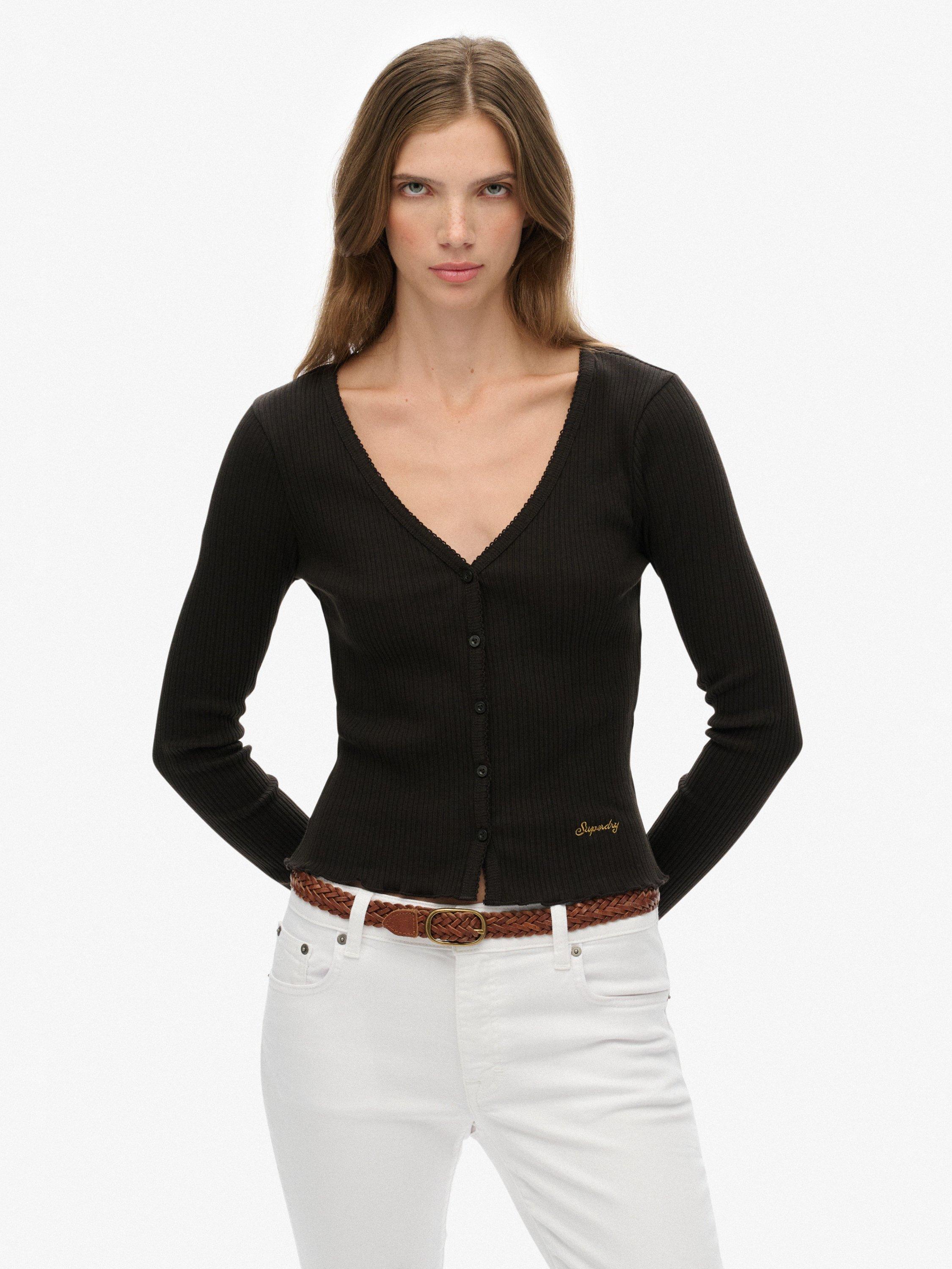 Product image 1 of 5, which shows Superdry Essential Button Through Long Sleeve Top, Bison Black, 6