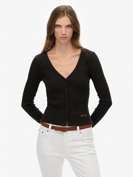 Superdry Essential Button Through Long Sleeve Top, Bison Black