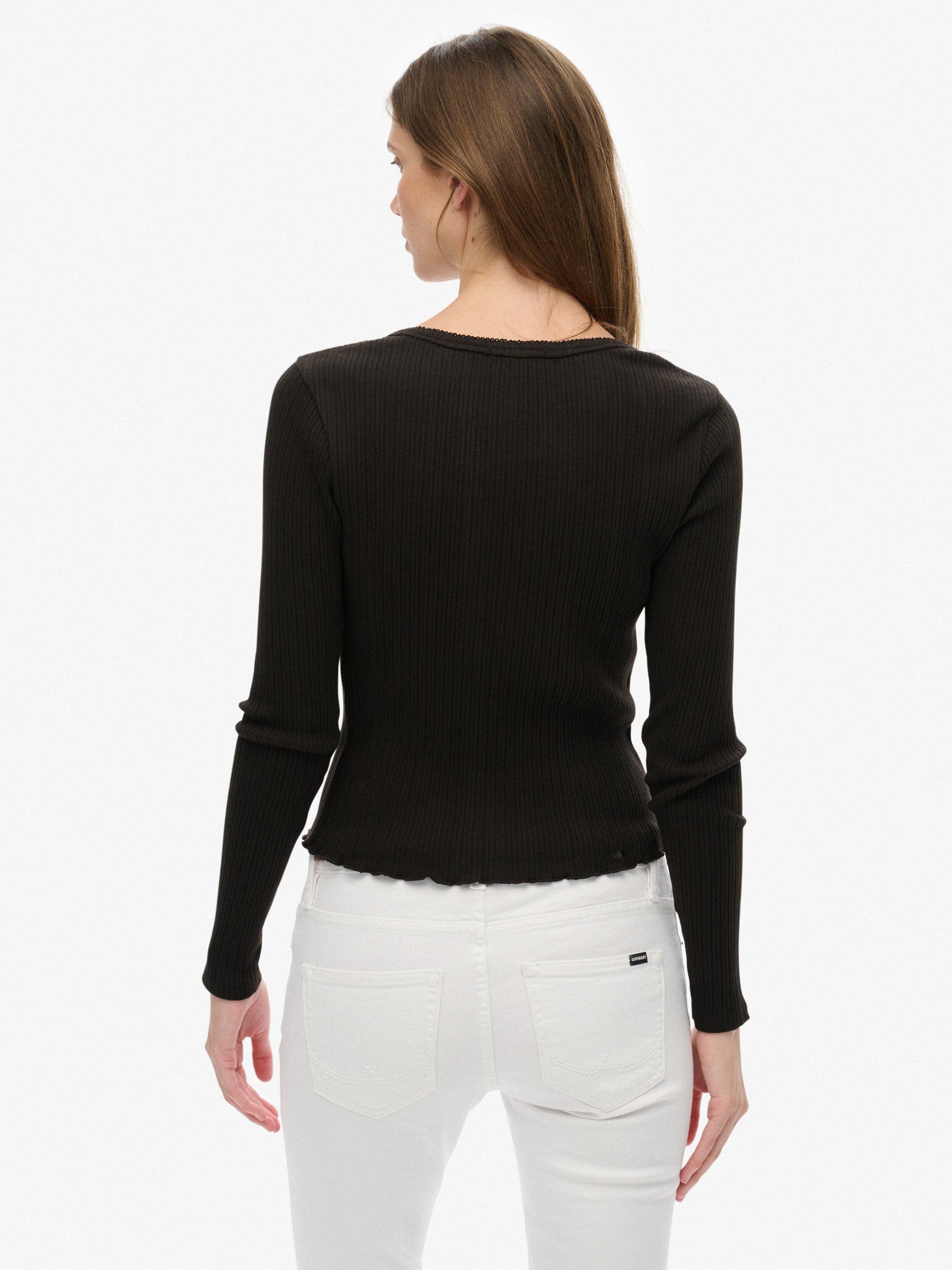 Product image 2 of 5, which shows Superdry Essential Button Through Long Sleeve Top, Bison Black, 6