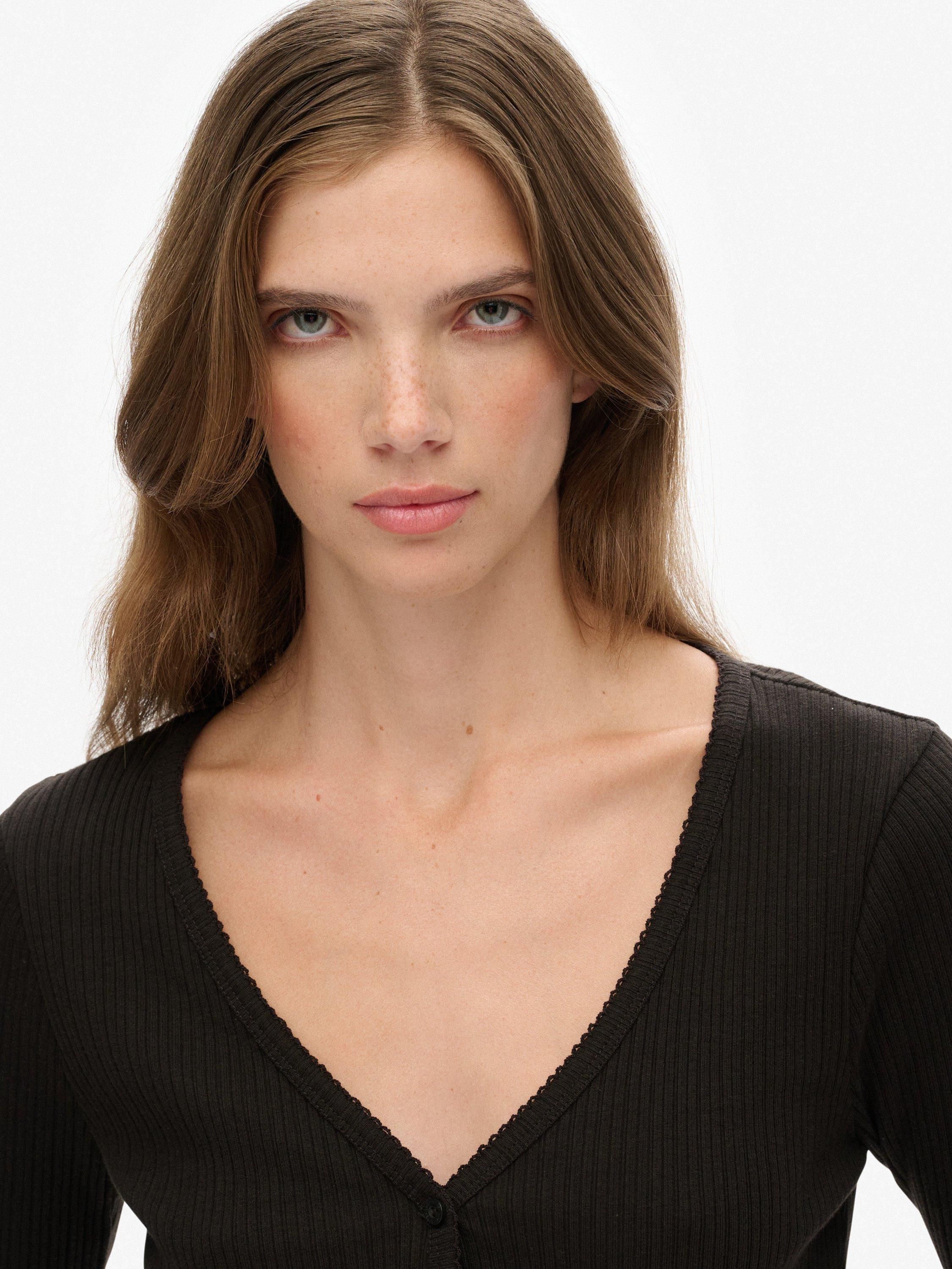 Product image 5 of 5, which shows Superdry Essential Button Through Long Sleeve Top, Bison Black, 6