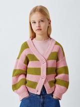 John Lewis Kids' V-Neck Stripe Cardigan, Pink, Green