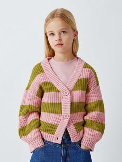 John Lewis Kids' V-Neck Stripe Cardigan, Pink, Green, Pink, Green