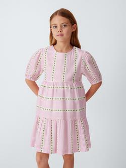 John Lewis Floral Stripe Puff Sleeve Dress, Pink, White, Pink, White
