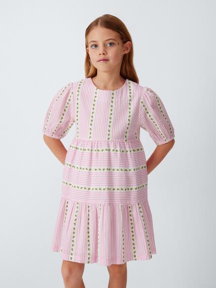 John Lewis Floral Stripe Puff Sleeve Dress, Pink, White, Pink, White