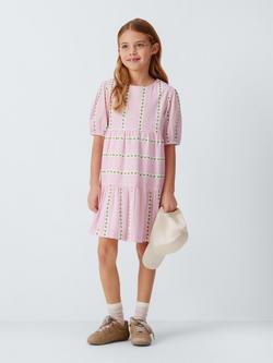 John Lewis Floral Stripe Puff Sleeve Dress, Pink, White - view 2, Pink, White