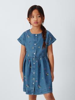 John Lewis Kids' Floral Embroidered Chambray Shirt Dress, Blue, Blue
