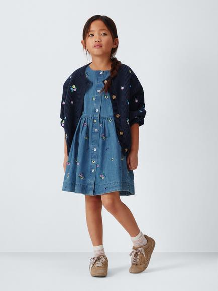 John Lewis Kids' Floral Embroidered Chambray Shirt Dress, Blue - view 2, Blue