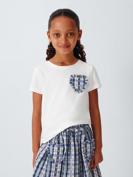 John Lewis Kids' Gingham Heart T-Shirt, White, Blue, White, Blue