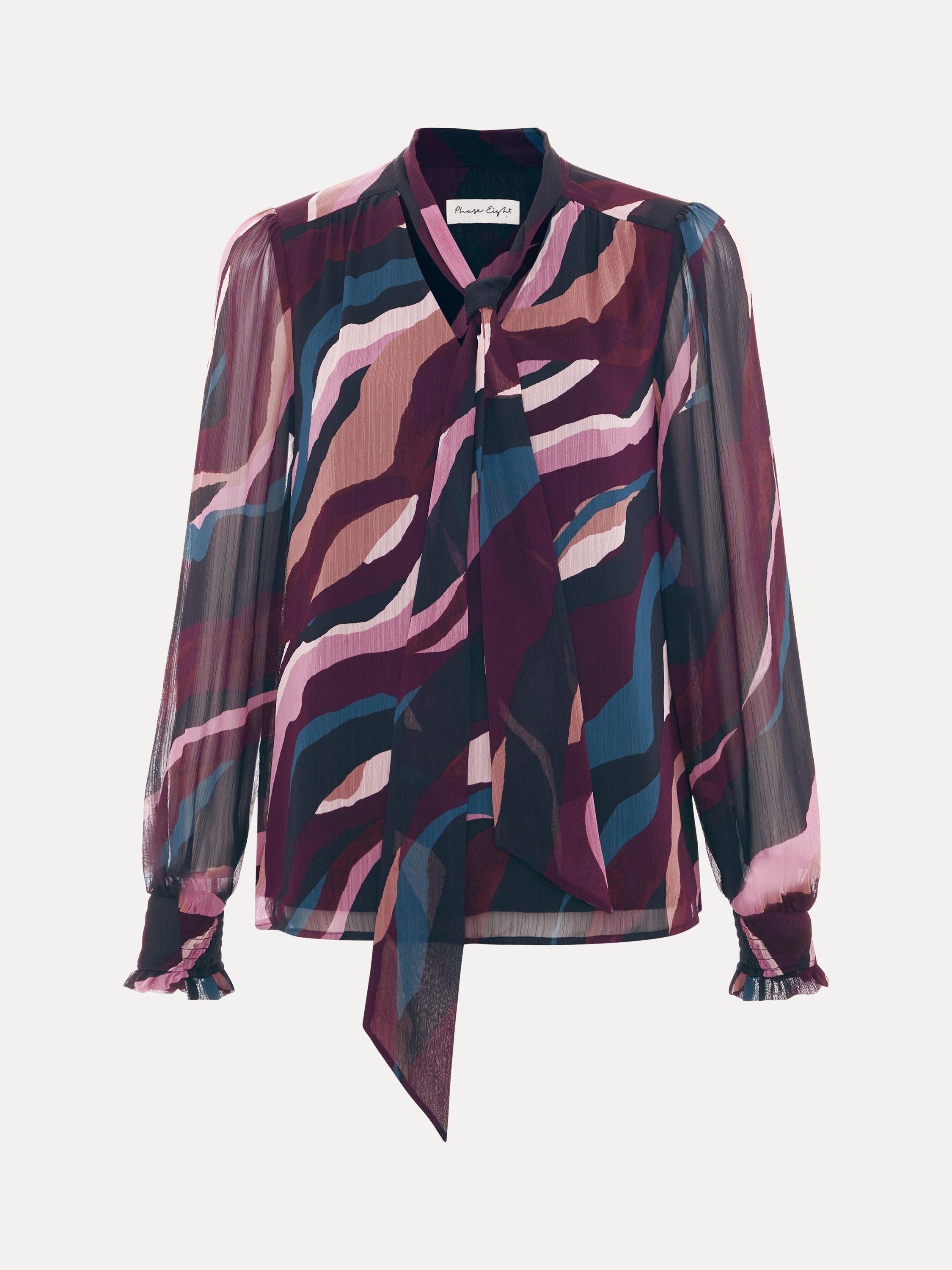 Product image 5 of 9, which shows Phase Eight Selby Swirl Tie Neck Blouse, Multi, 14