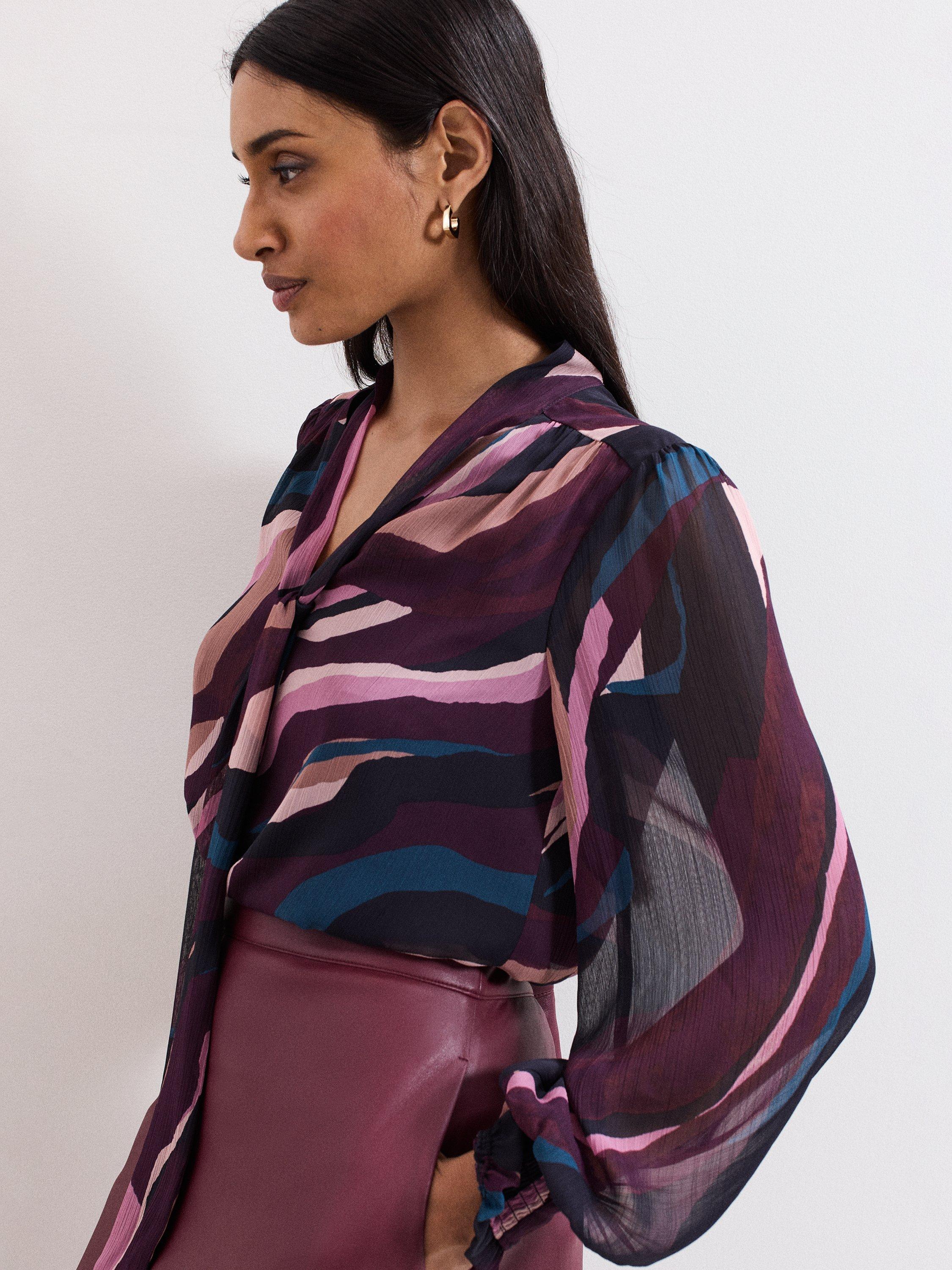 Product image 7 of 9, which shows Phase Eight Selby Swirl Tie Neck Blouse, Multi, 14
