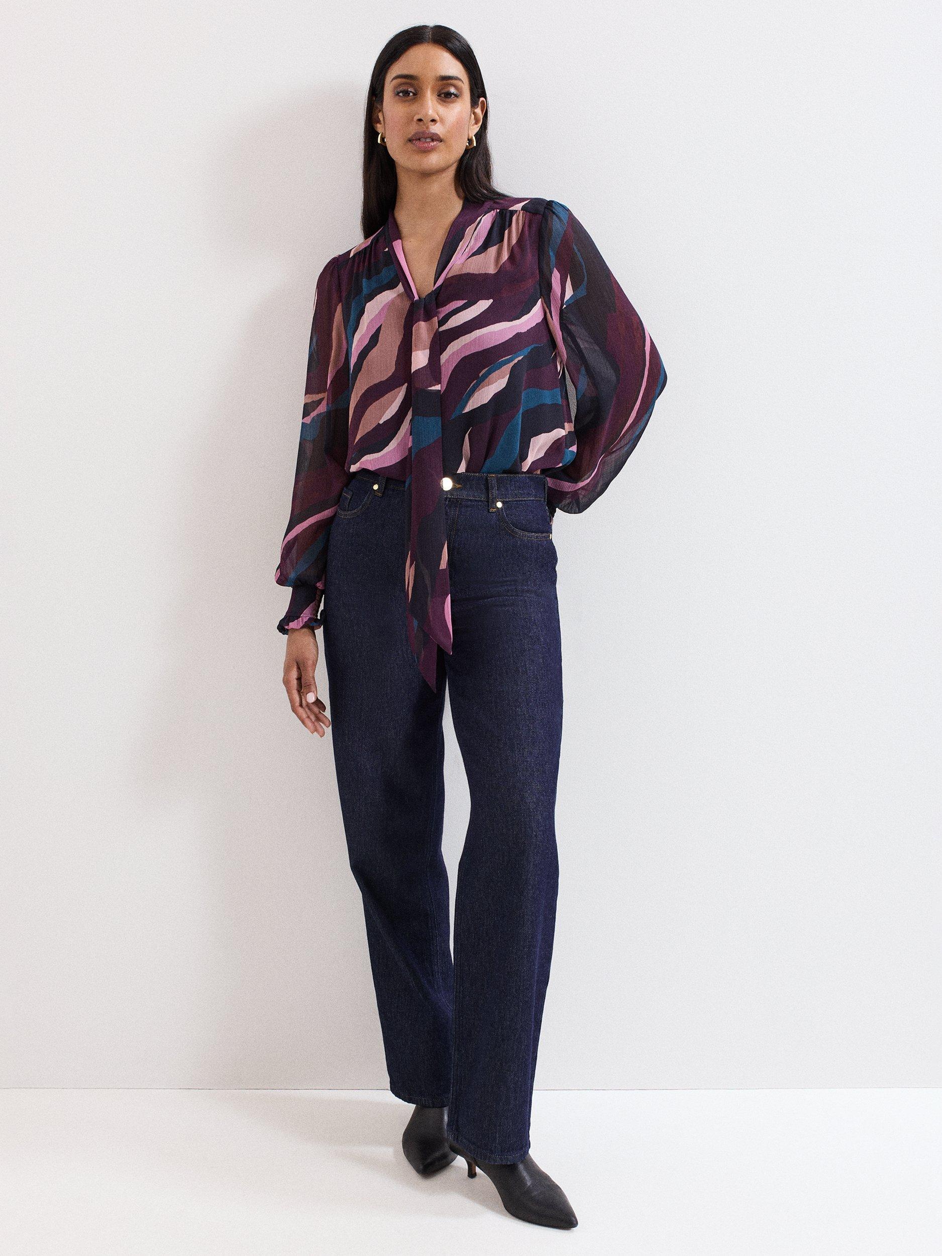 Product image 9 of 9, which shows Phase Eight Selby Swirl Tie Neck Blouse, Multi, 14