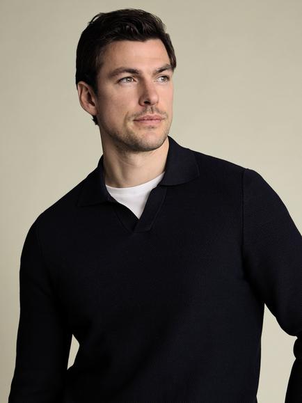 Charles Tyrwhitt Honeycomb Knit Trophy Neck Jumper, Navy - view 2, Navy
