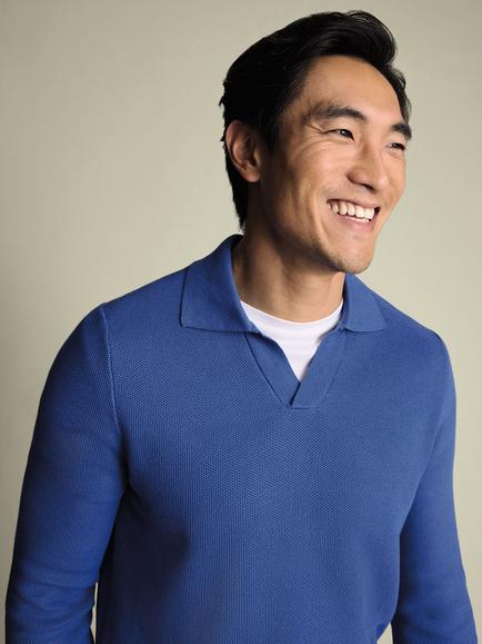 Charles Tyrwhitt Honeycomb Knit Trophy Neck Jumper, Blue - view 2, Blue
