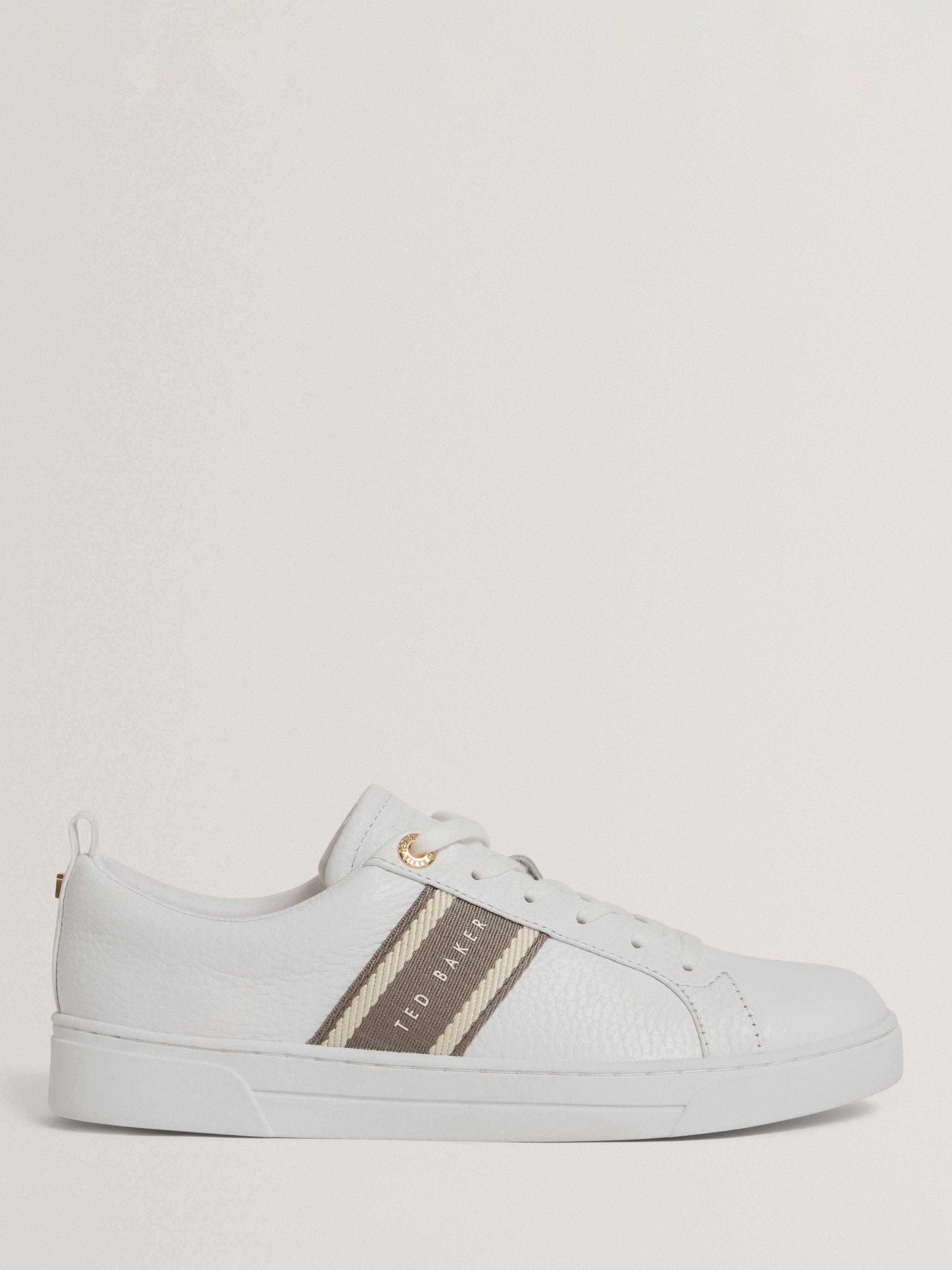 Product image 1 of 5, which shows Ted Baker Bailly Branded Stripe Leather Trainers, White/Grey, 4