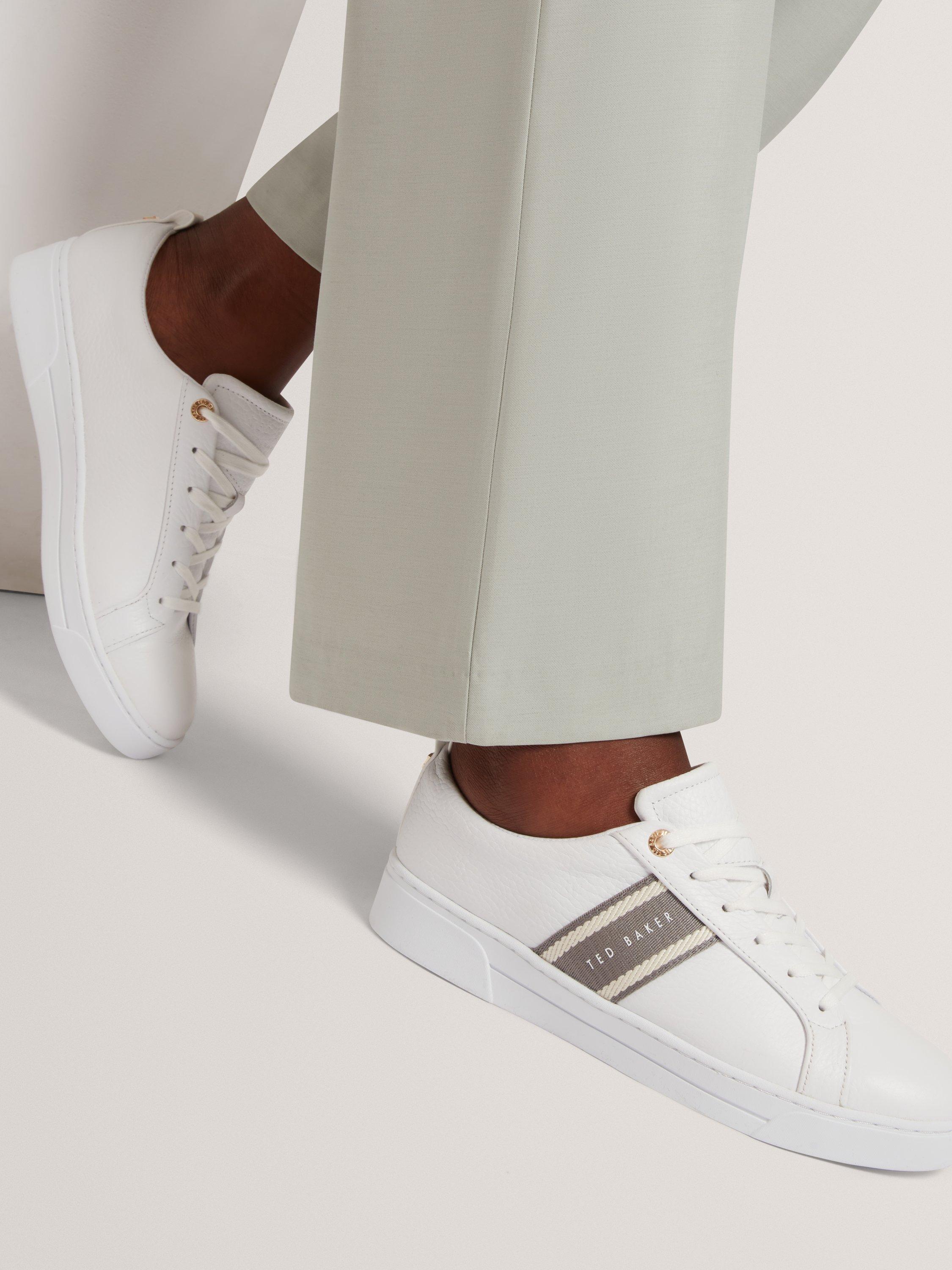 Product image 2 of 5, which shows Ted Baker Bailly Branded Stripe Leather Trainers, White/Grey, 4
