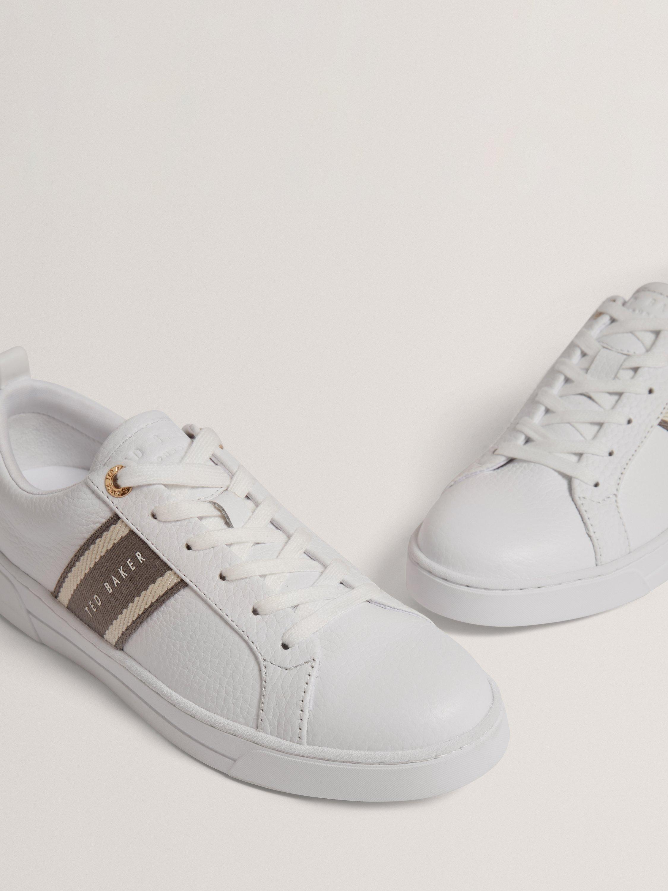 Product image 3 of 5, which shows Ted Baker Bailly Branded Stripe Leather Trainers, White/Grey, 4